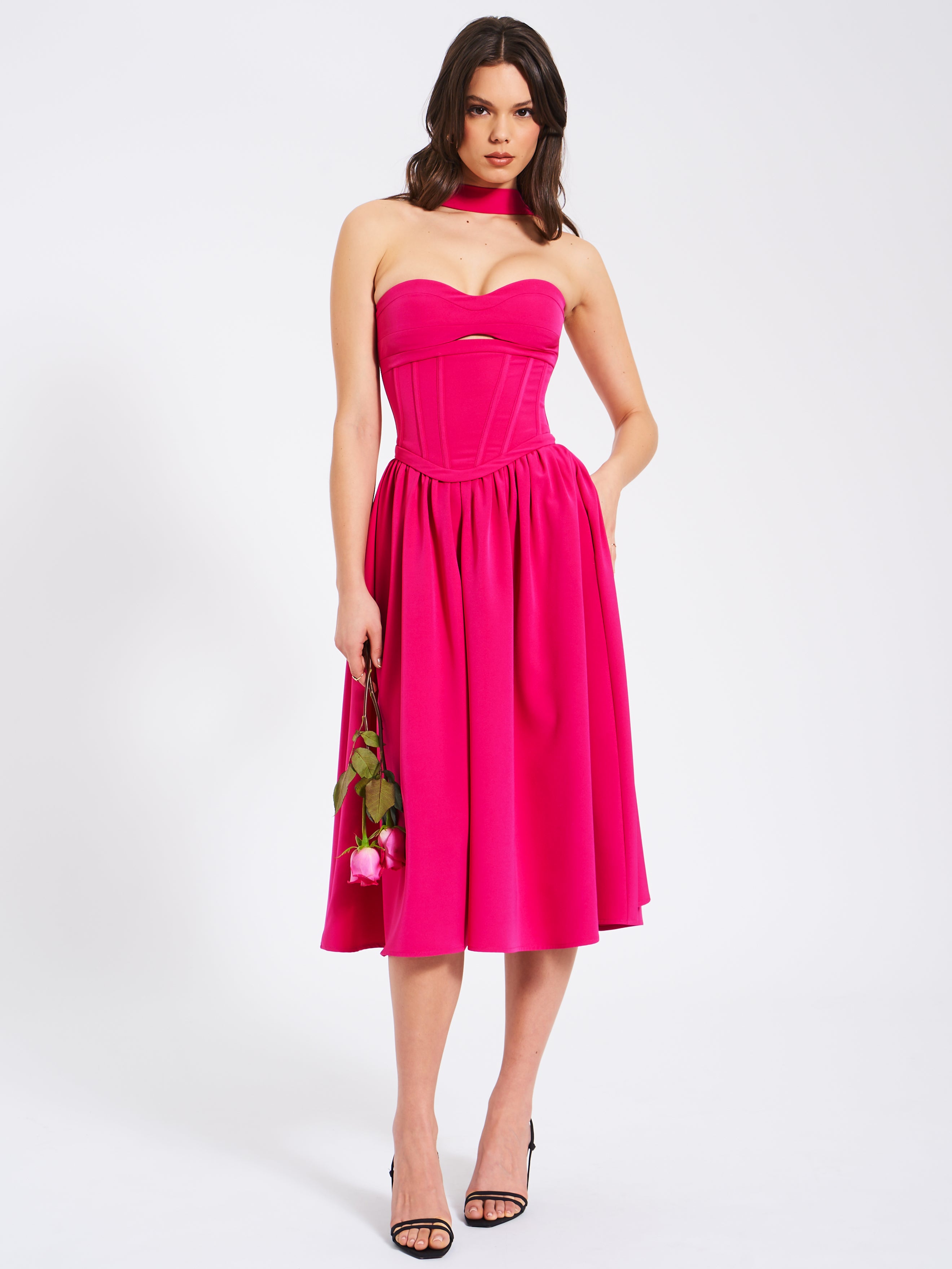 Maia Fuchsia Halter Neck Corset Midi Sundress