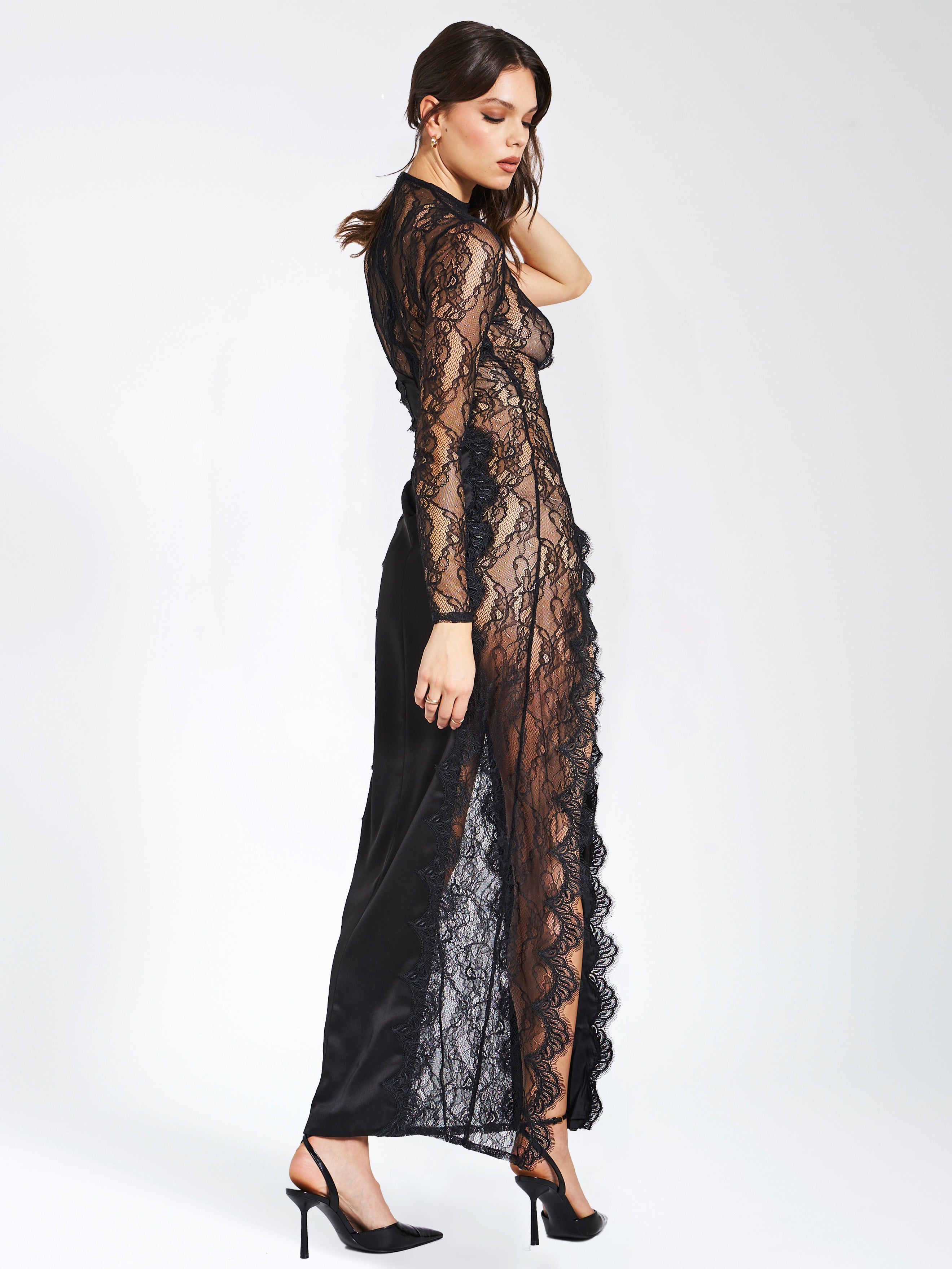 Weslyn Black Satin Lace High Slit Dress Weslyn Black Satin Lace High Slit Dress