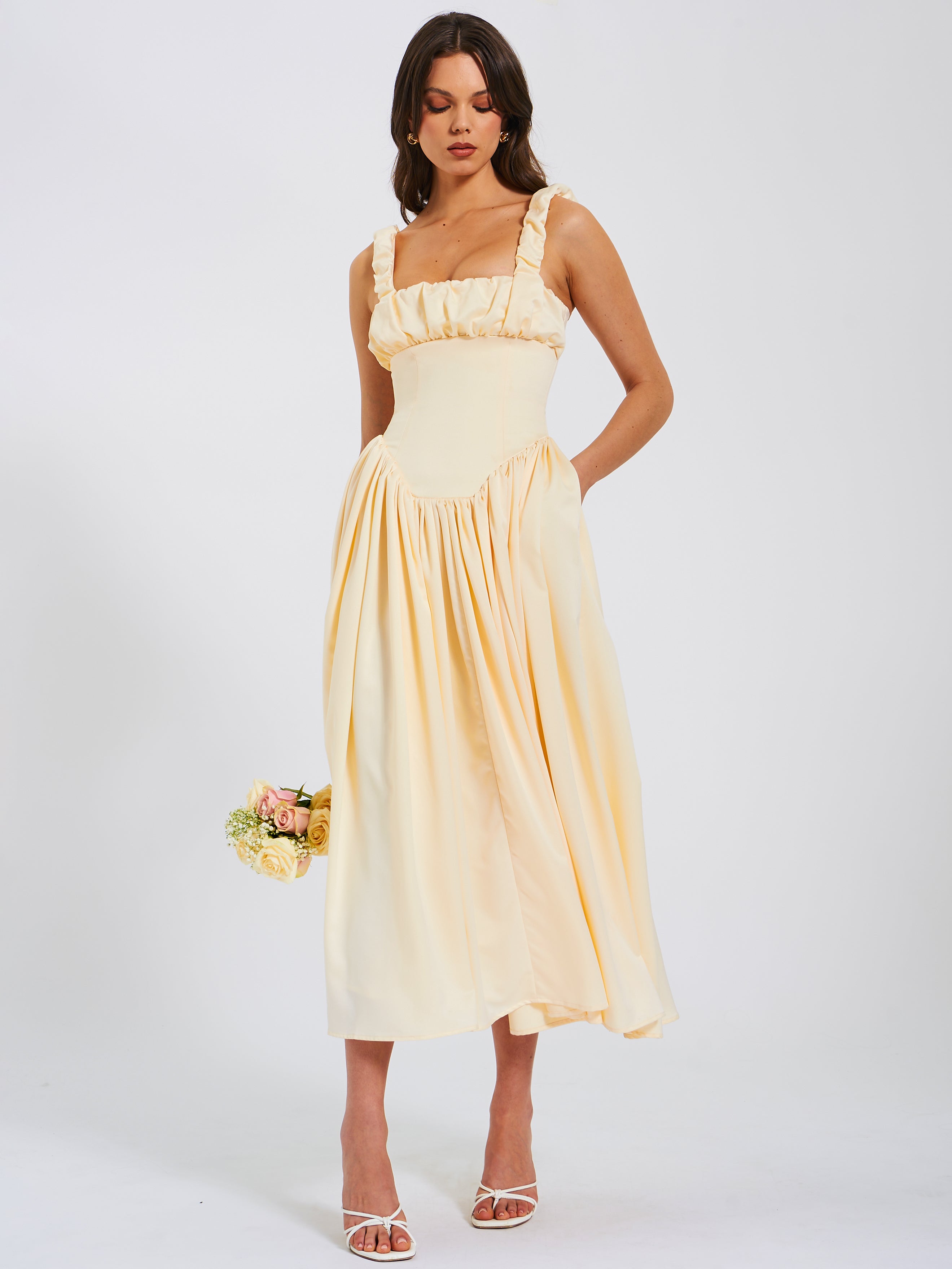 Noreen Egg White Satin Drop Waist Maxi Sundress