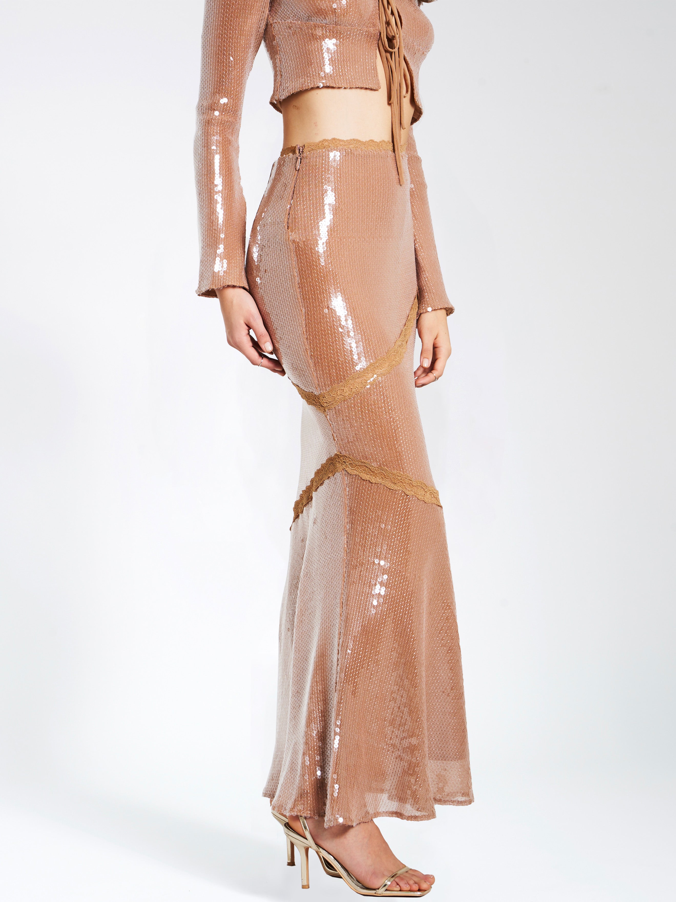 Odalis Nude Sequin Maxi Skirt With Lace Trim