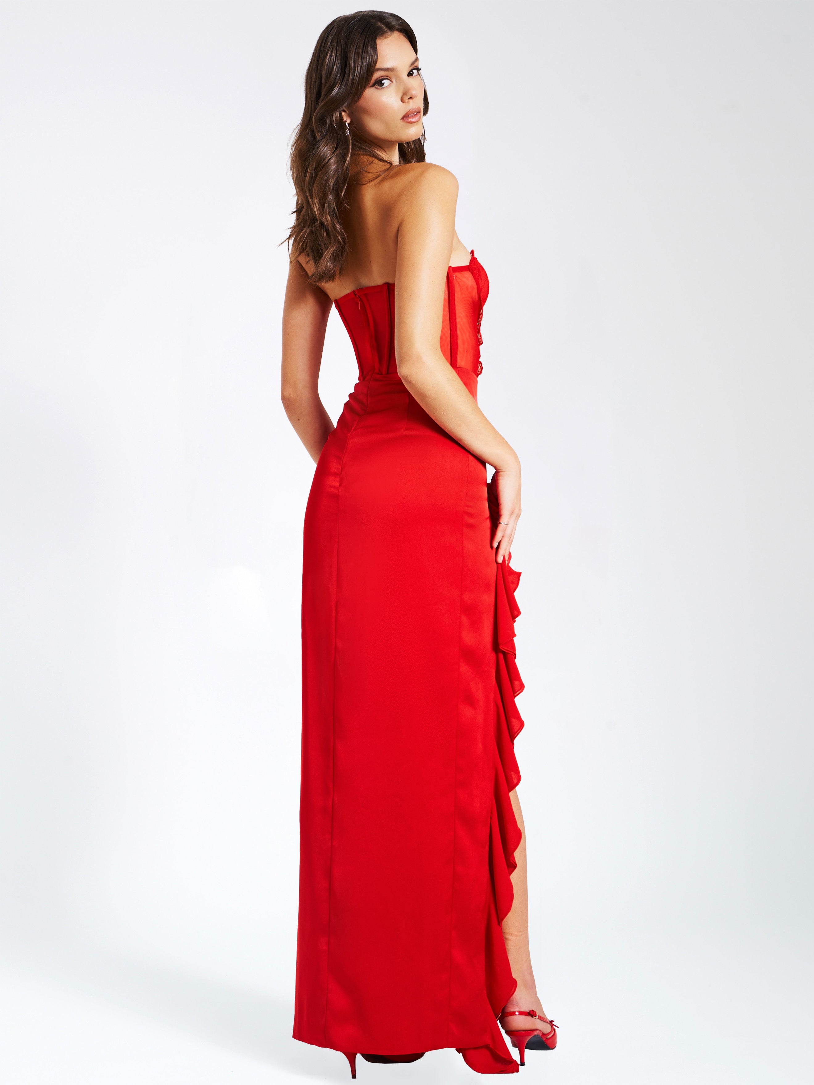 Talia Red Satin Lace Corset Maxi Dress