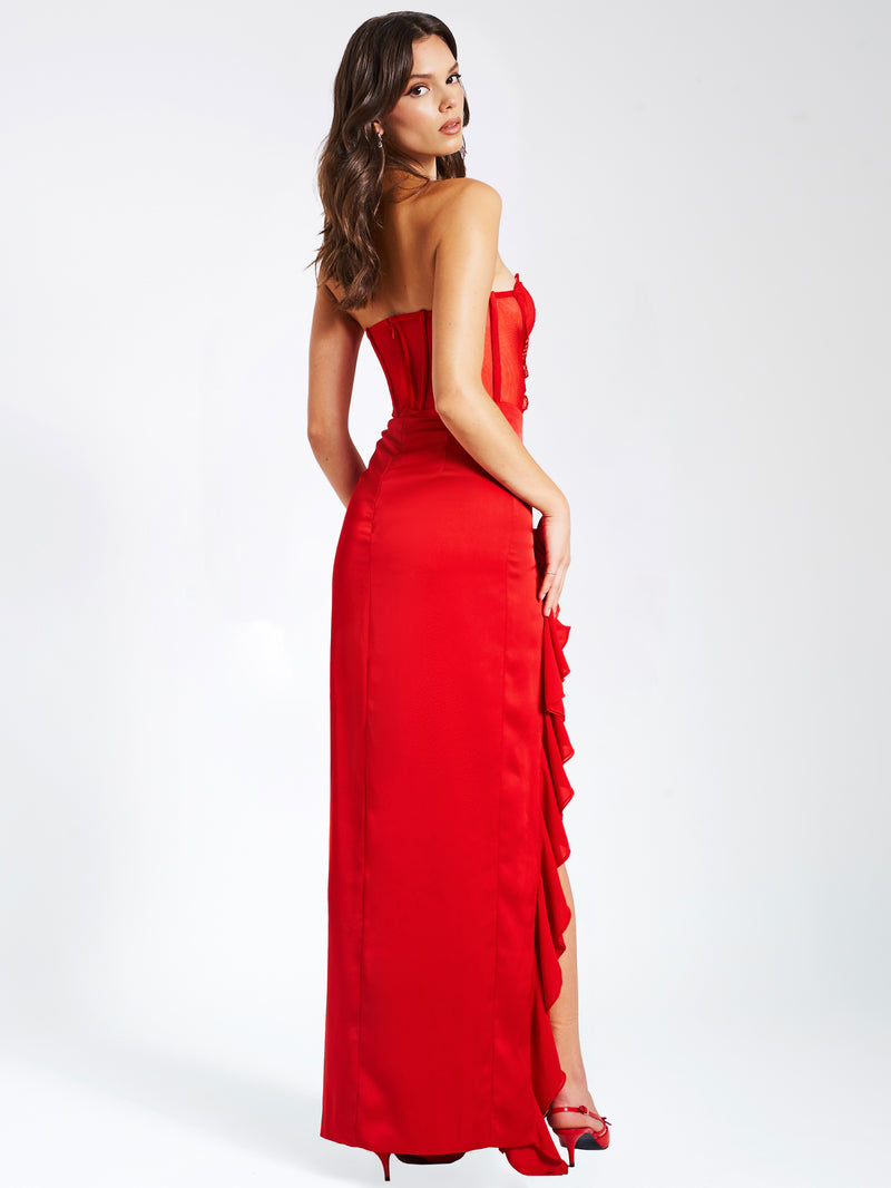 Talia Red Satin Lace Corset Maxi Dress – Miss Circle