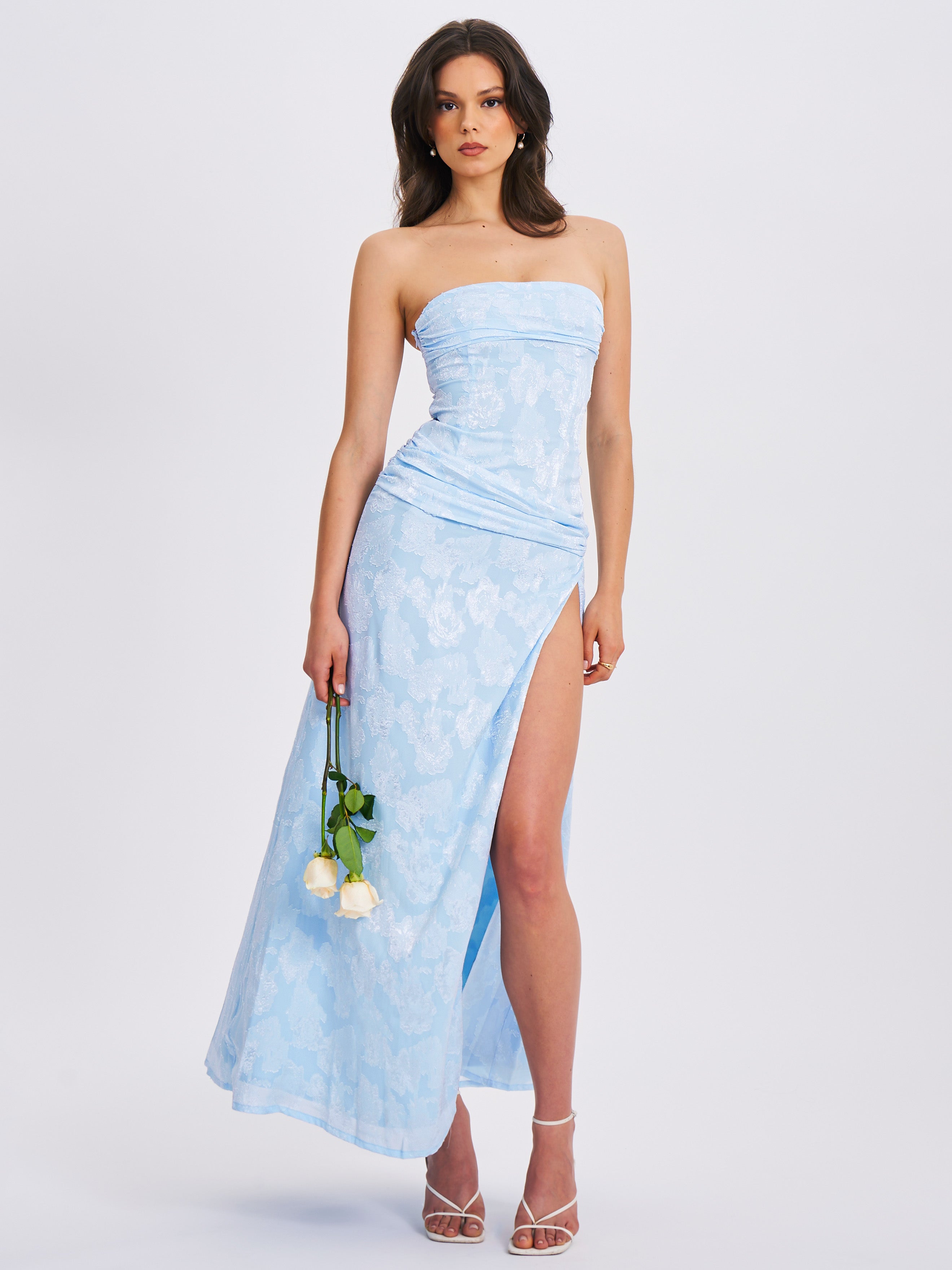 Xatia Baby Blue Jacquard Textured High Slit Maxi Dress