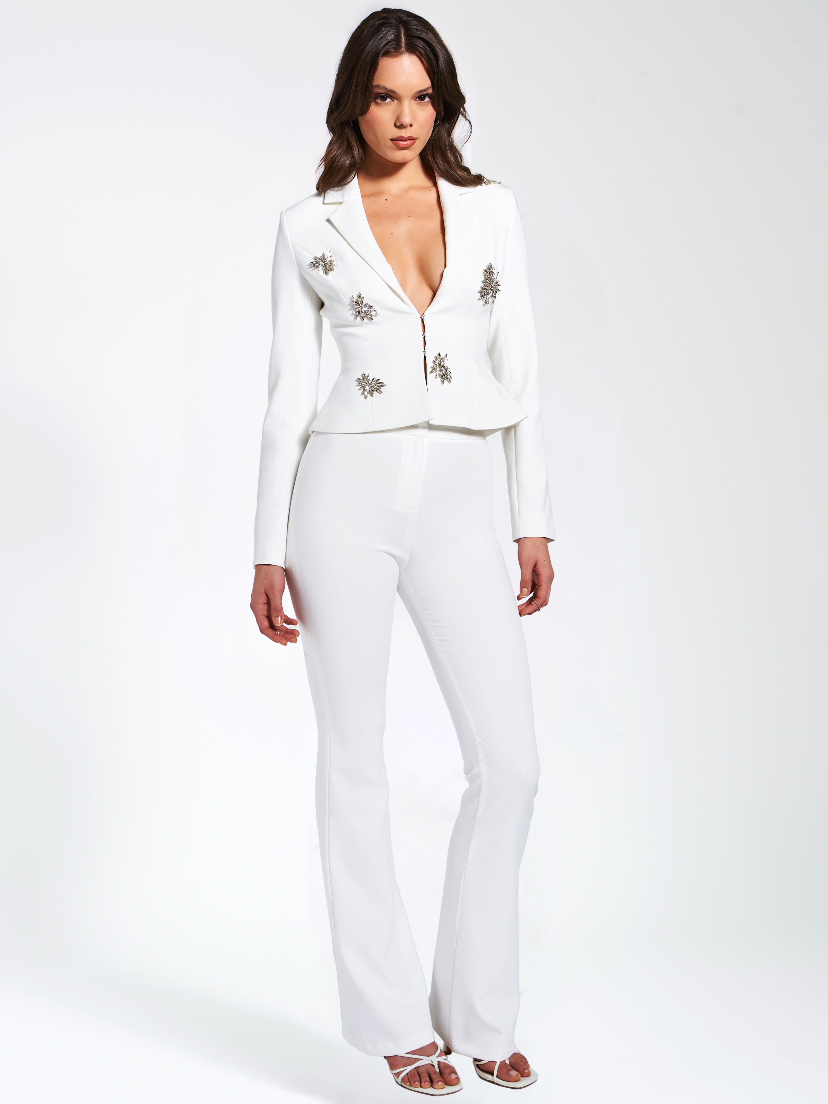 Wilda White Crystal Embellished Peplum Blazer