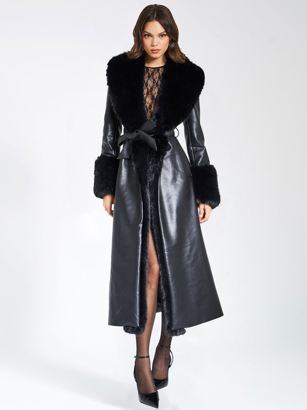 Zaida Black Faux Fur Trim Black Vegan Leather Coat (Pre-Order)