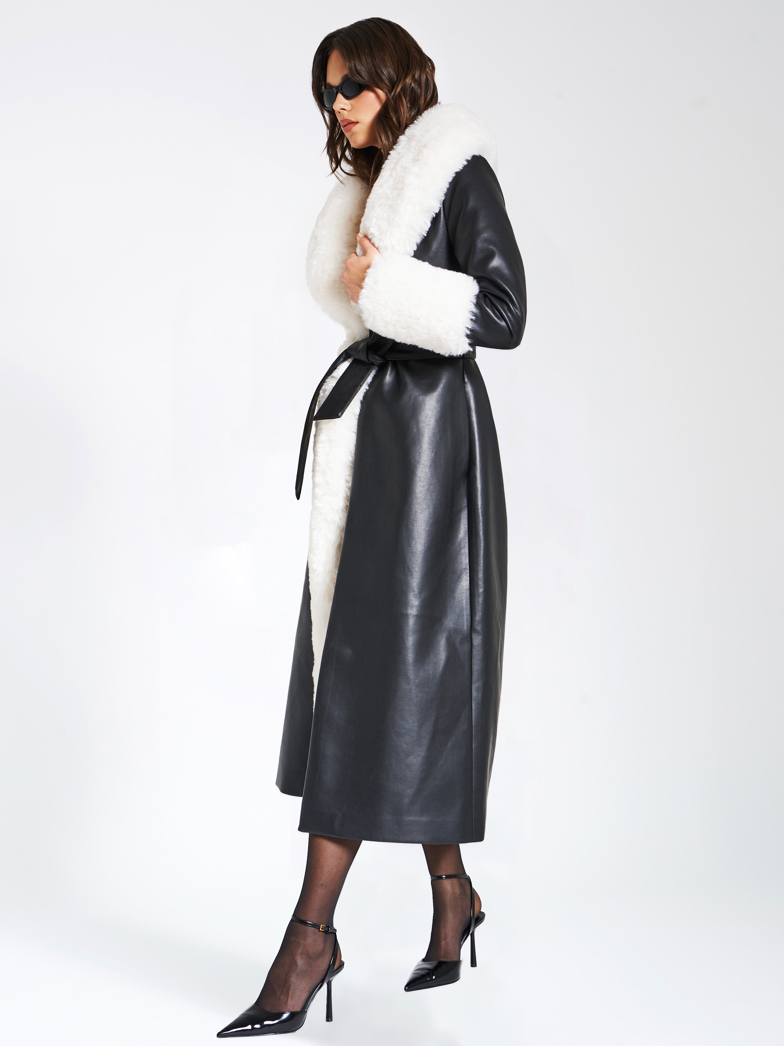 Zaida White Vegan Fur Trim Black Vegan Leather Coat