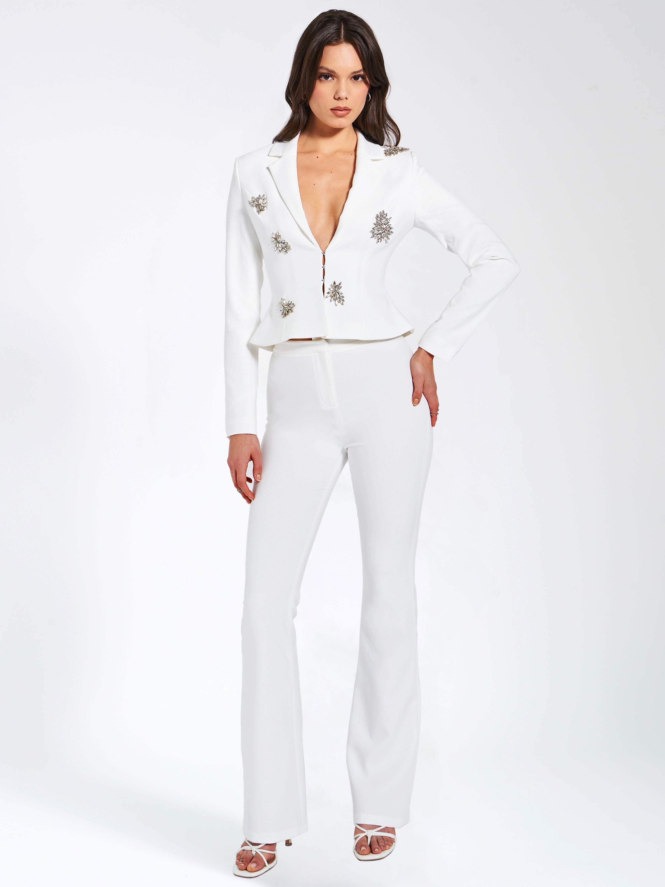 Waleria White Stretch Crepe Flare Pants