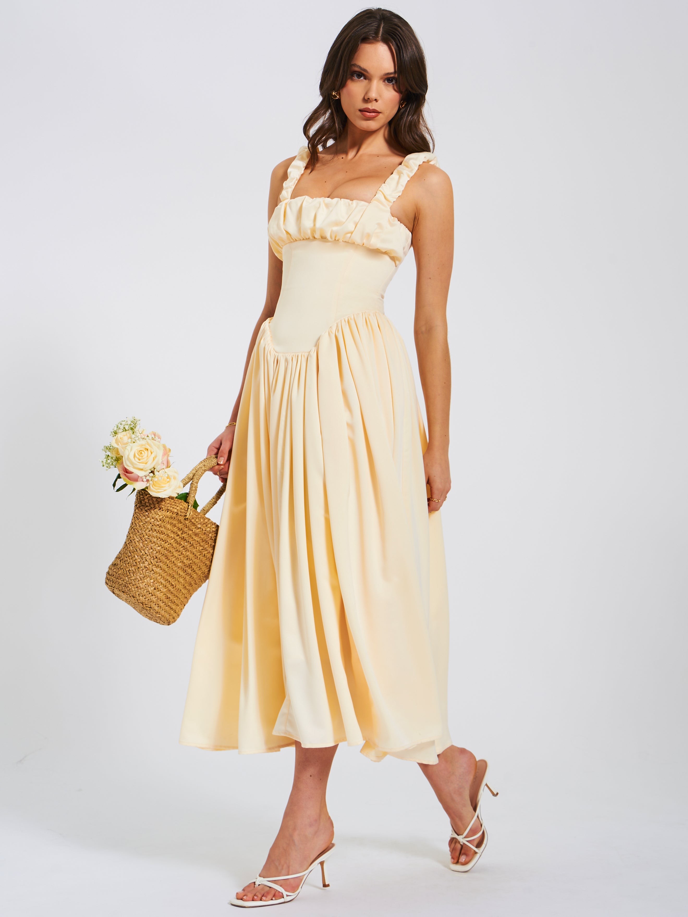 Noreen Egg White Satin Drop Waist Maxi Sundress