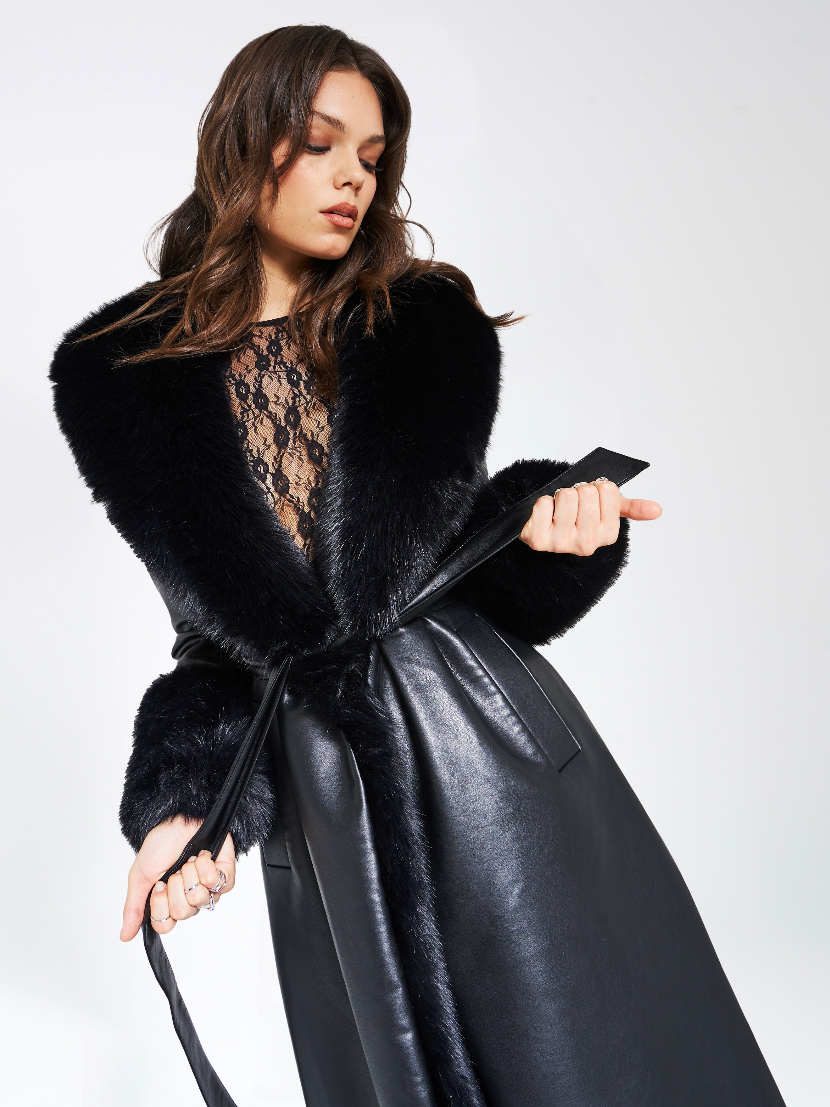 Zaida Black Vegan Fur Trim Black Vegan Leather Coat