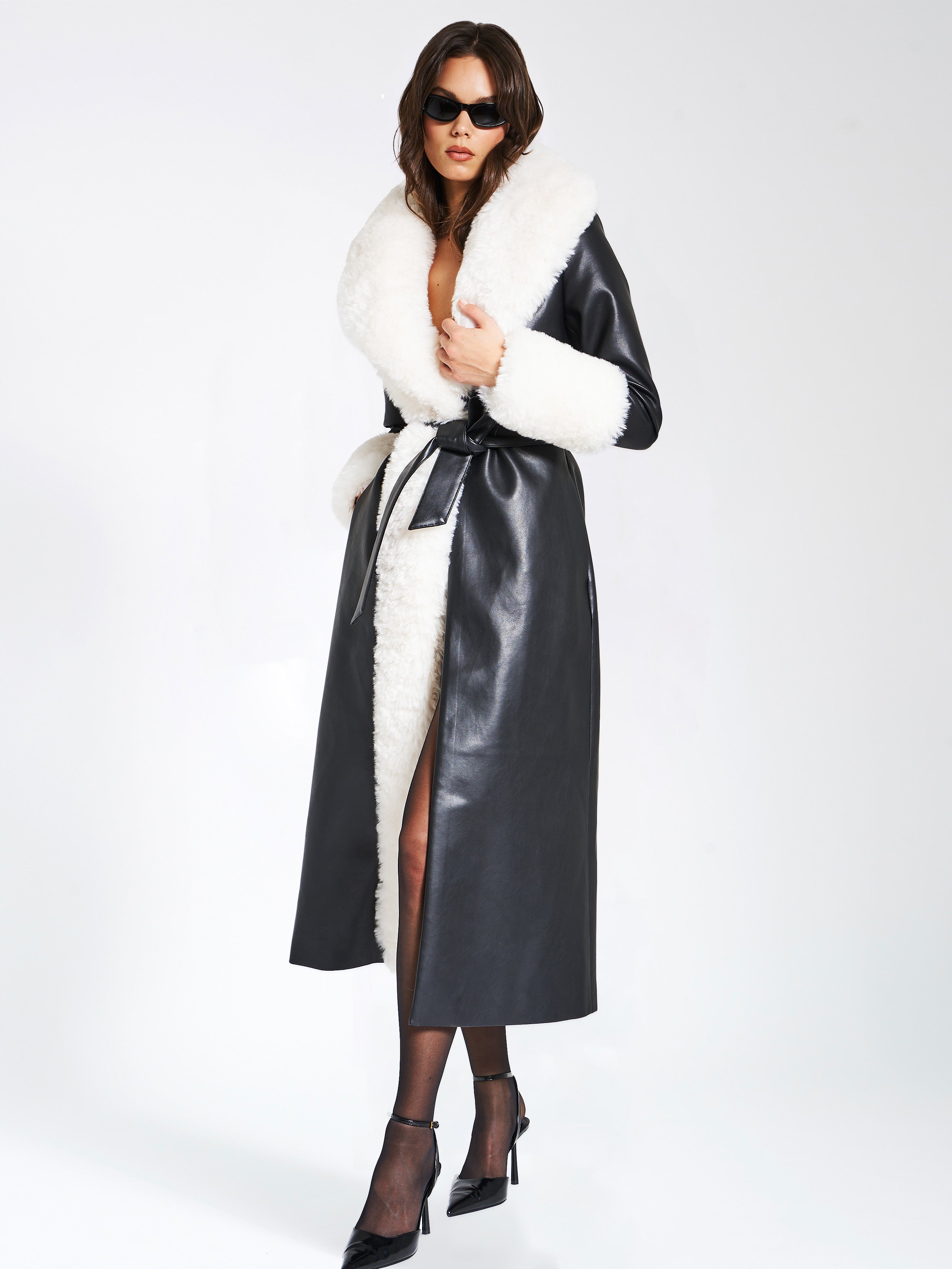 Zaida White Faux Fur Trim Black Vegan Leather Coat