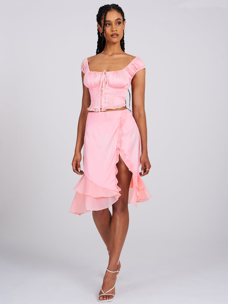 Pink ruffle midi on sale skirt