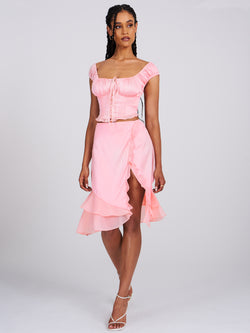 Sarah Salmon Pink Satin Ruffled Midi Skirt
