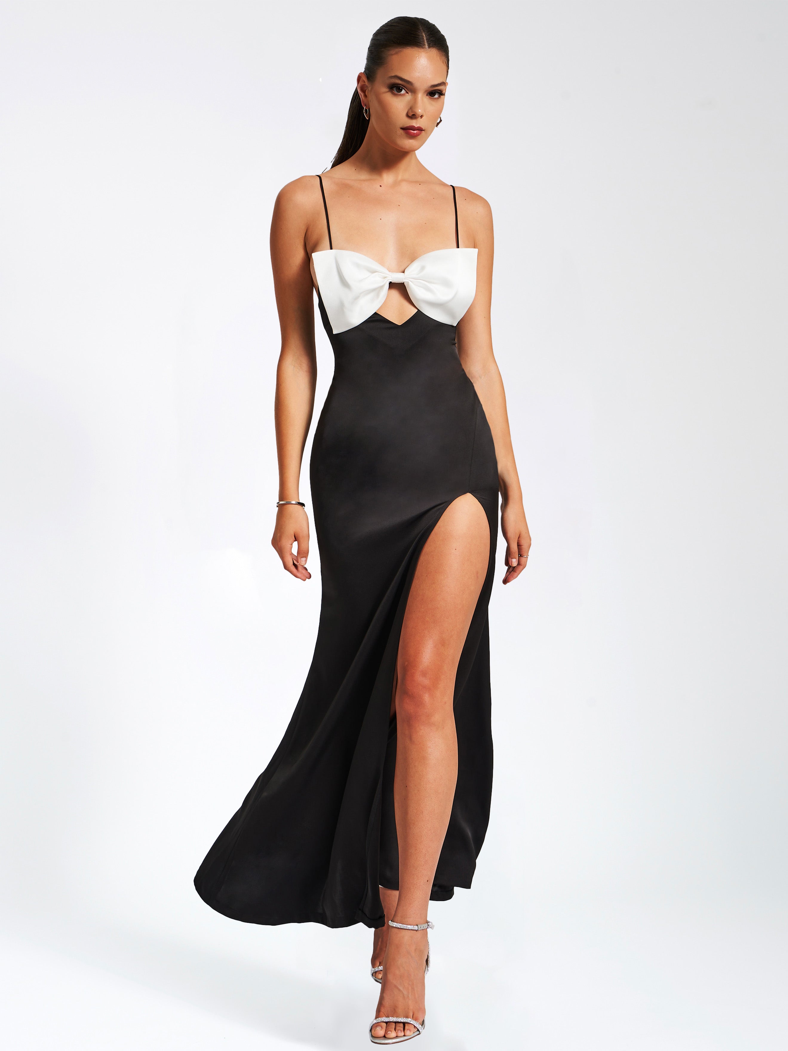 Eleanor Black and White Bow Satin Gown