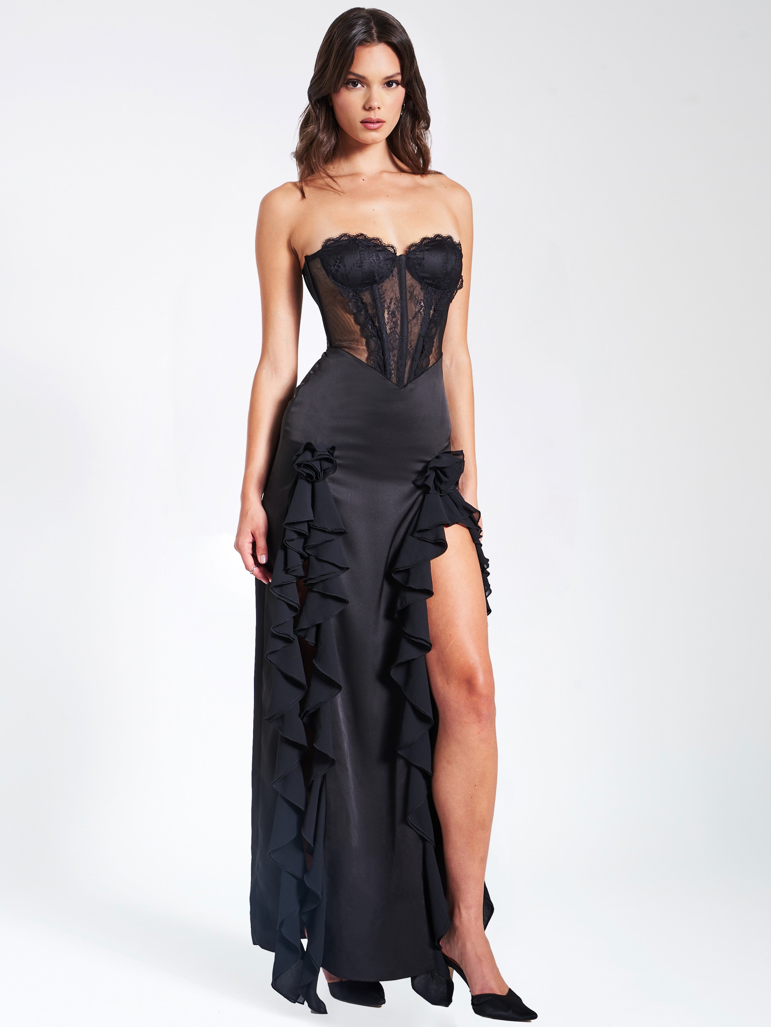 Talia Black Satin Lace Corset Maxi Dress Talia Black Satin Lace Corset Maxi Dress