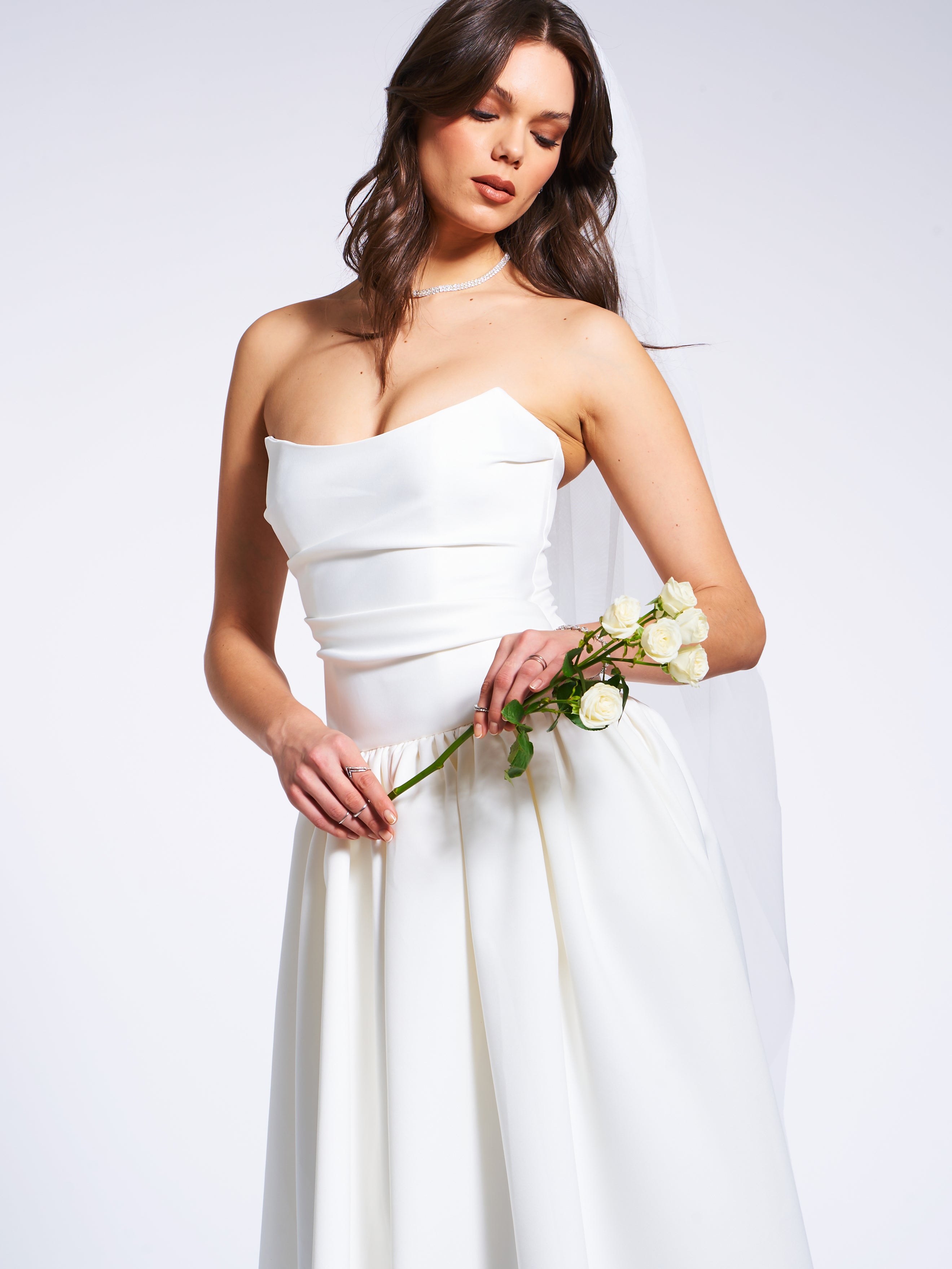 Umay White Drop Waist Satin Corset Bridal Gown