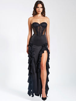 Talia Black Satin Lace Corset Maxi Dress – Miss Circle
