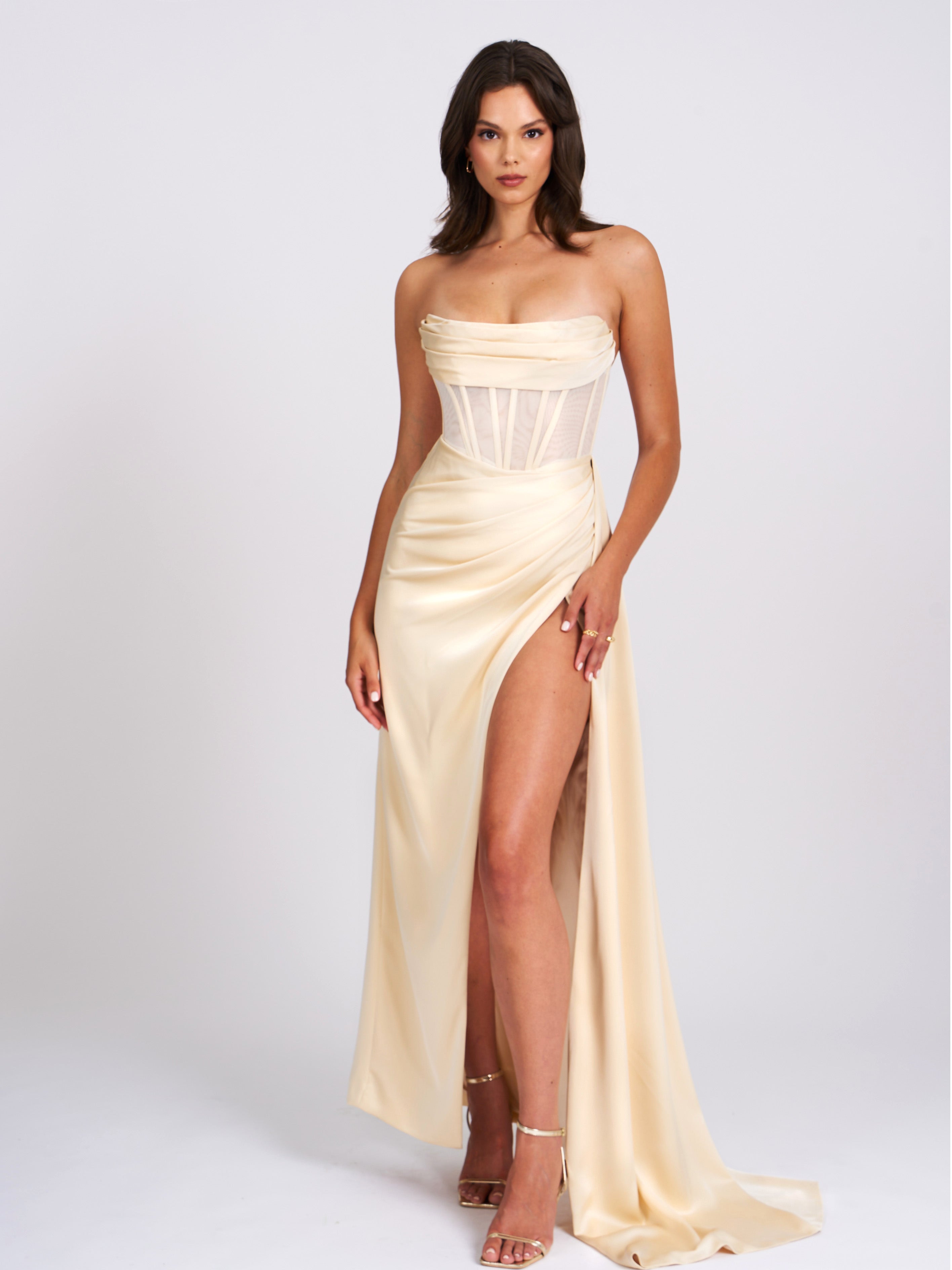 Prisa Egg White High Slit Satin Corset Gown (Archive Sale)