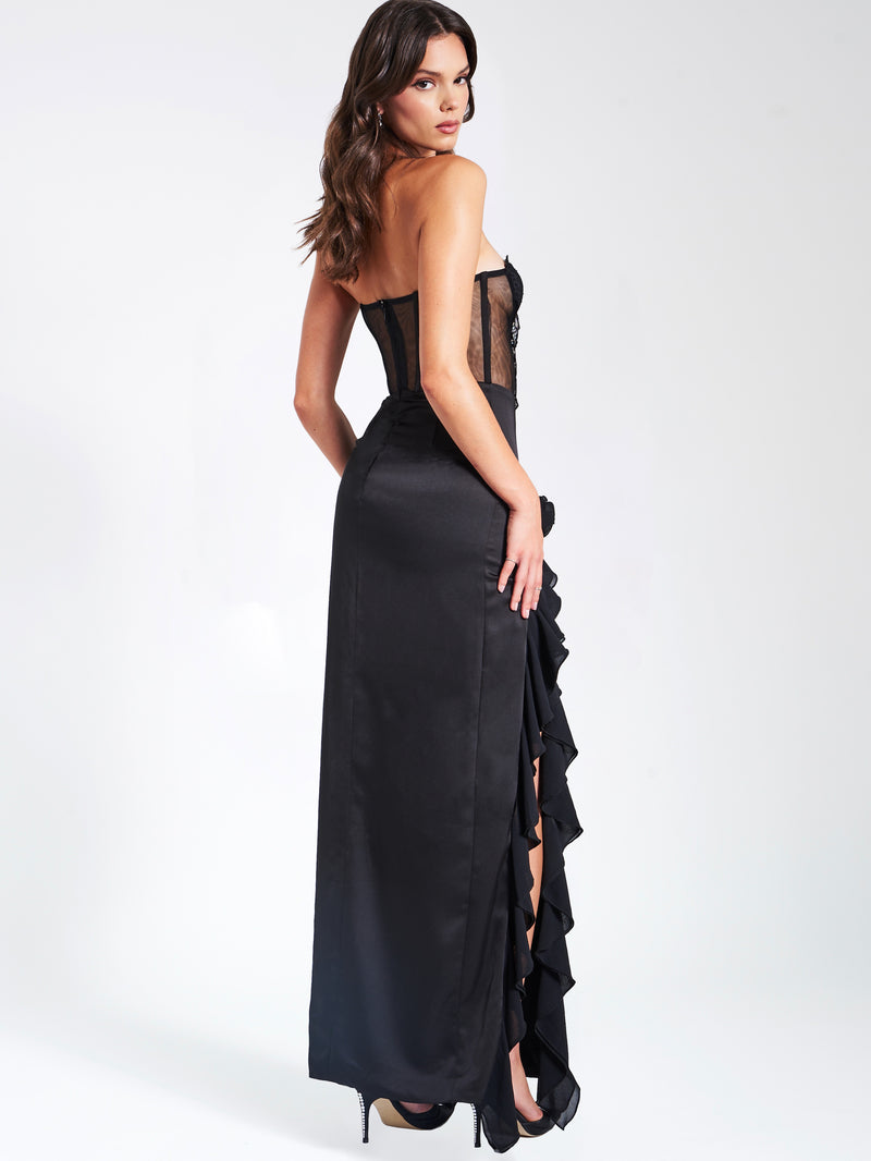 Talia Black Satin Lace Corset Maxi Dress – Miss Circle