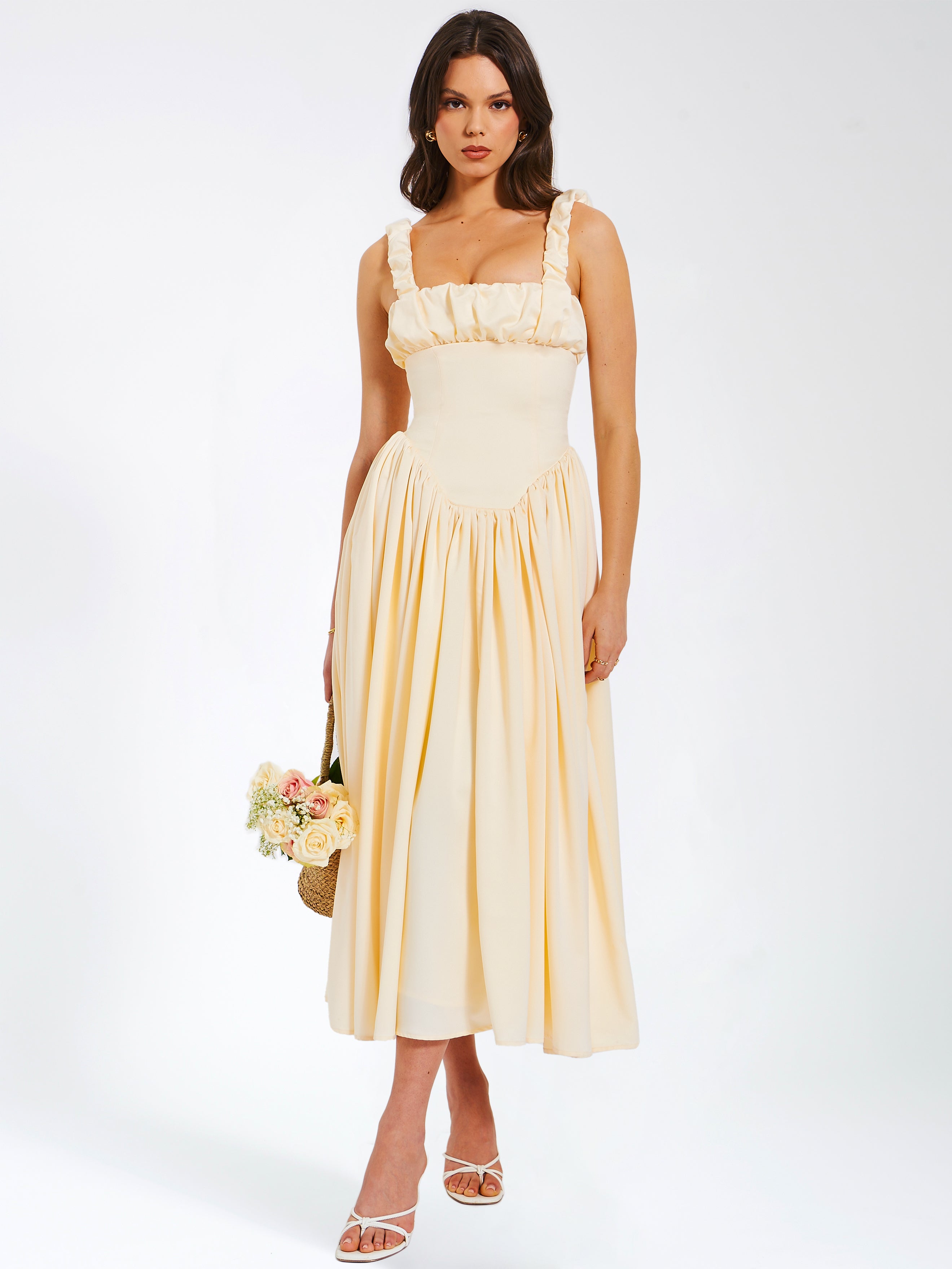 Noreen Egg White Satin Drop Waist Maxi Sundress