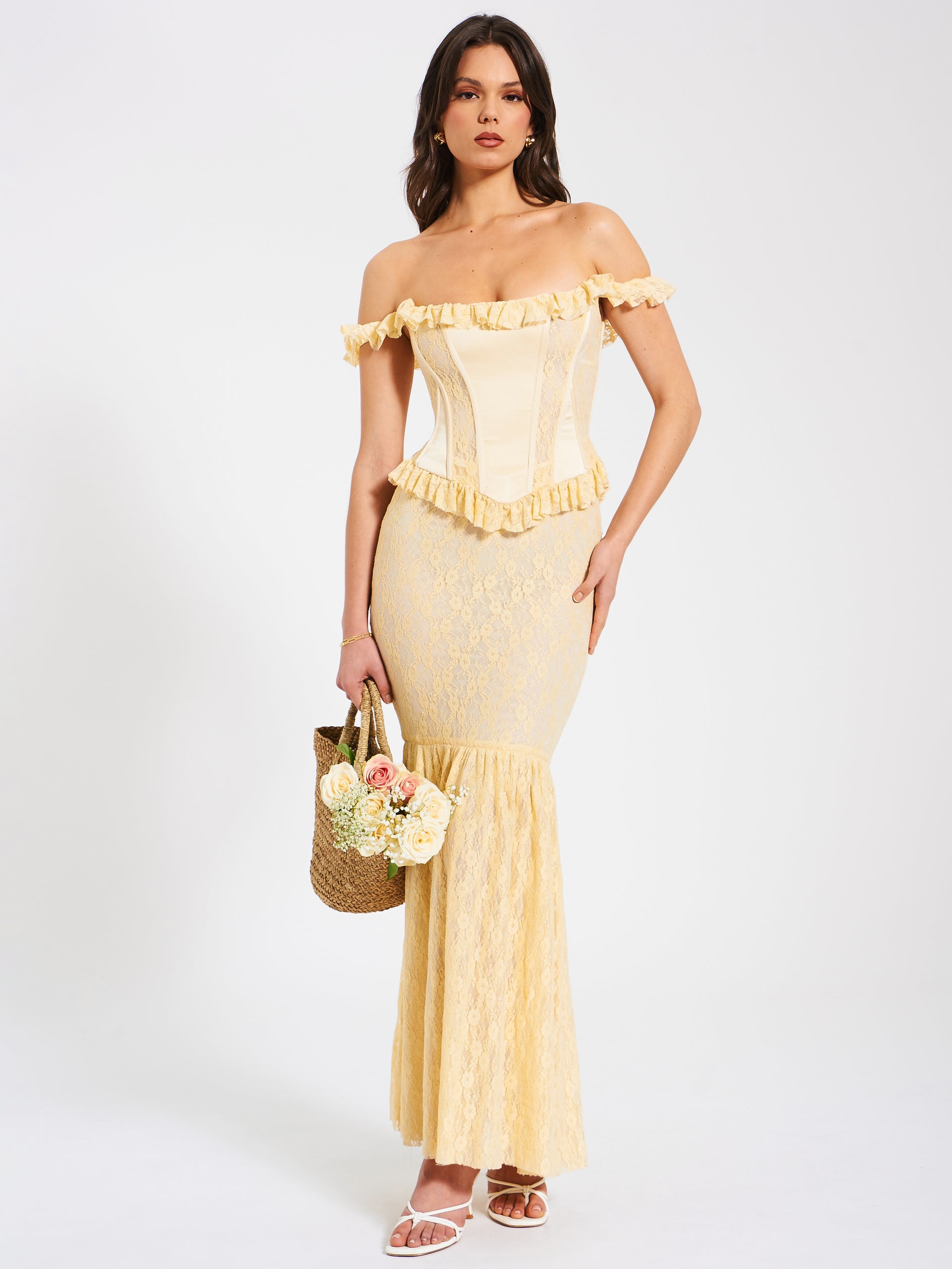 Miss Circle Women's Ersilia Pale Yellow Satin Lace Peplum Corset Off Shoulder Maxi Dress - Pale Yellow