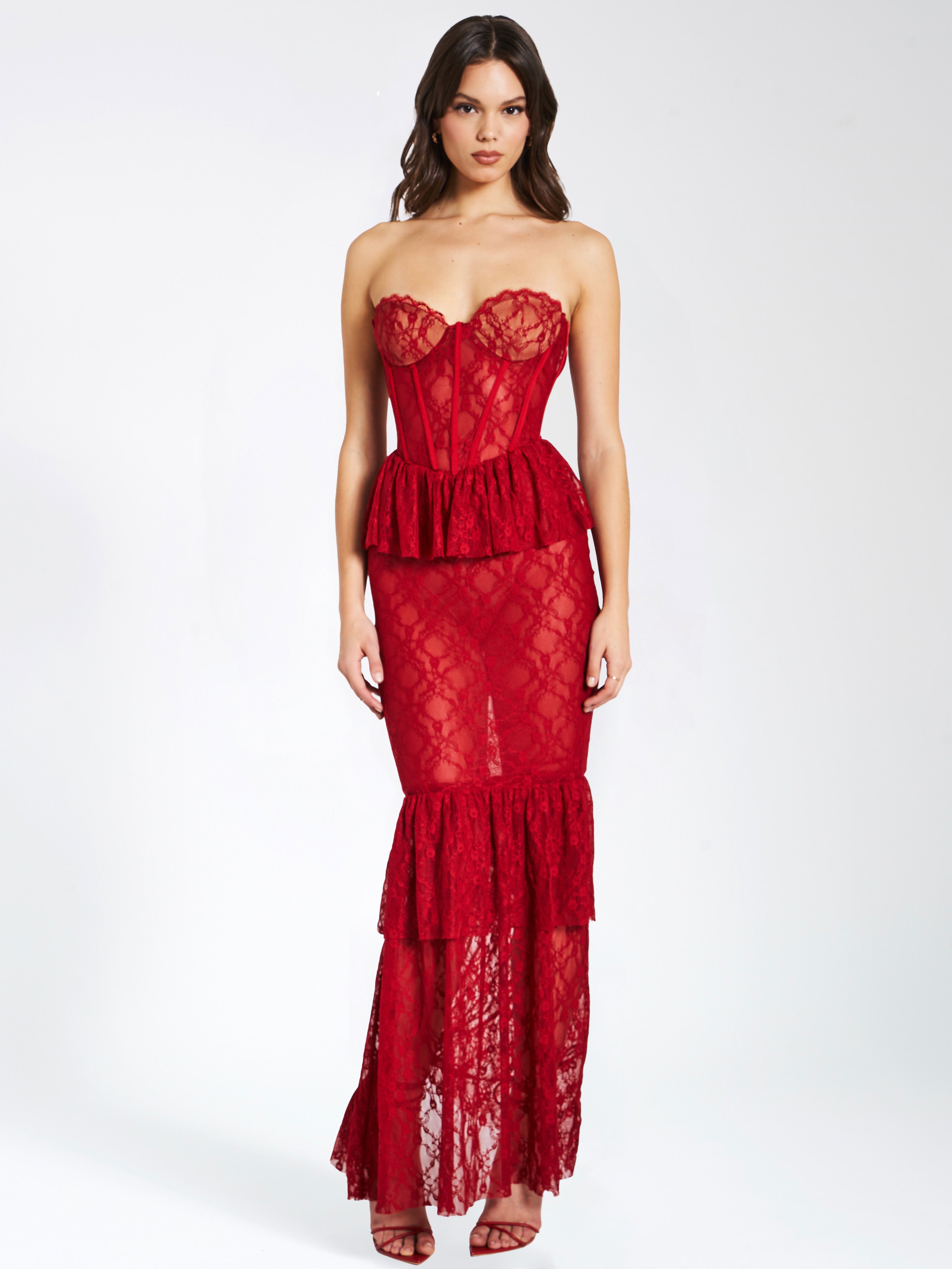 Quennell Burgundy Lace Corset Maxi Dress Quennell Burgundy Lace Corset Maxi Dress