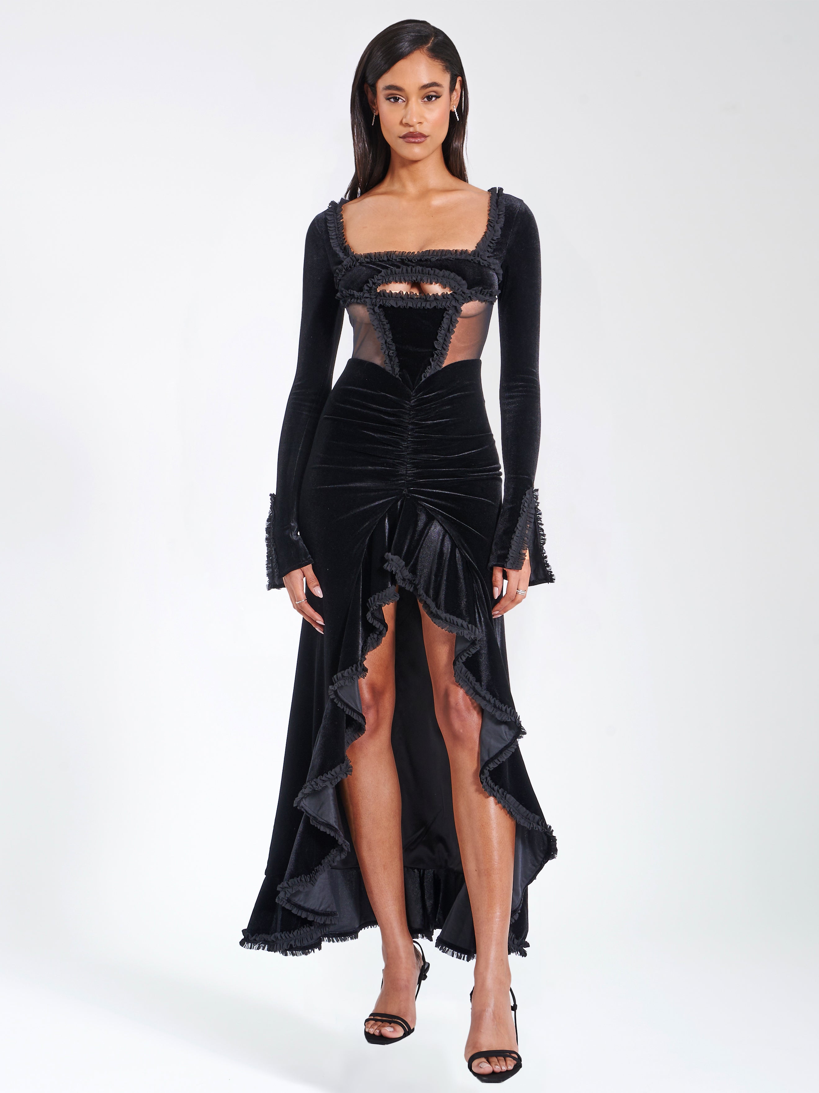 Maeve Black Velvet and Mesh Long Sleeve Maxi Dress