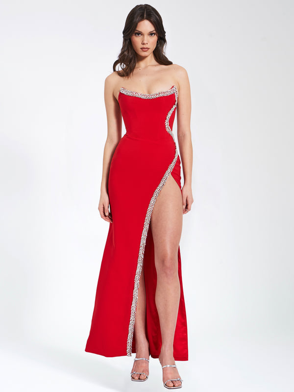Xoana Red Crystal Embellished High Slit Gown
