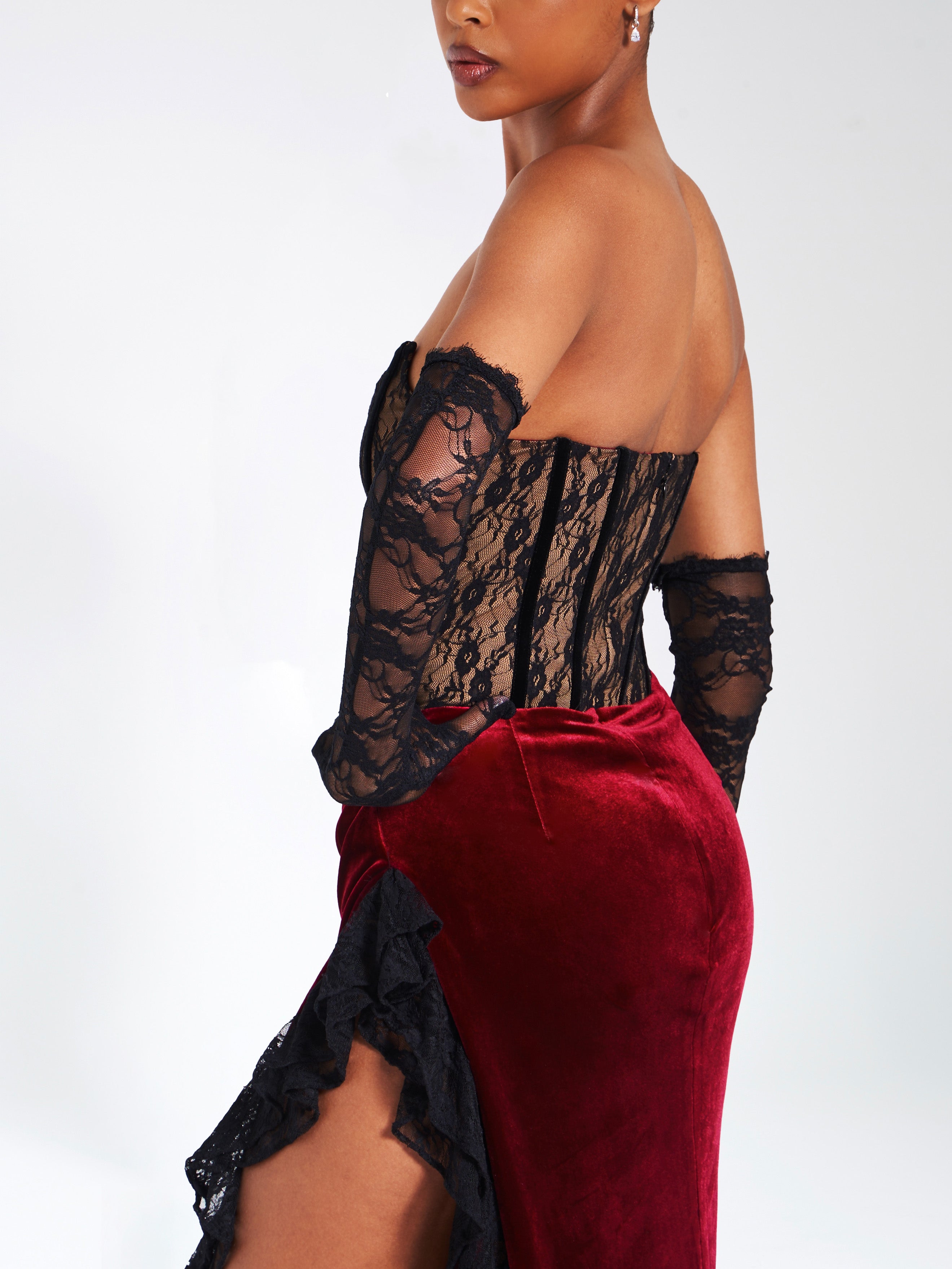 Gaia Burgundy Lace Velvet Corset Side Slit Dress