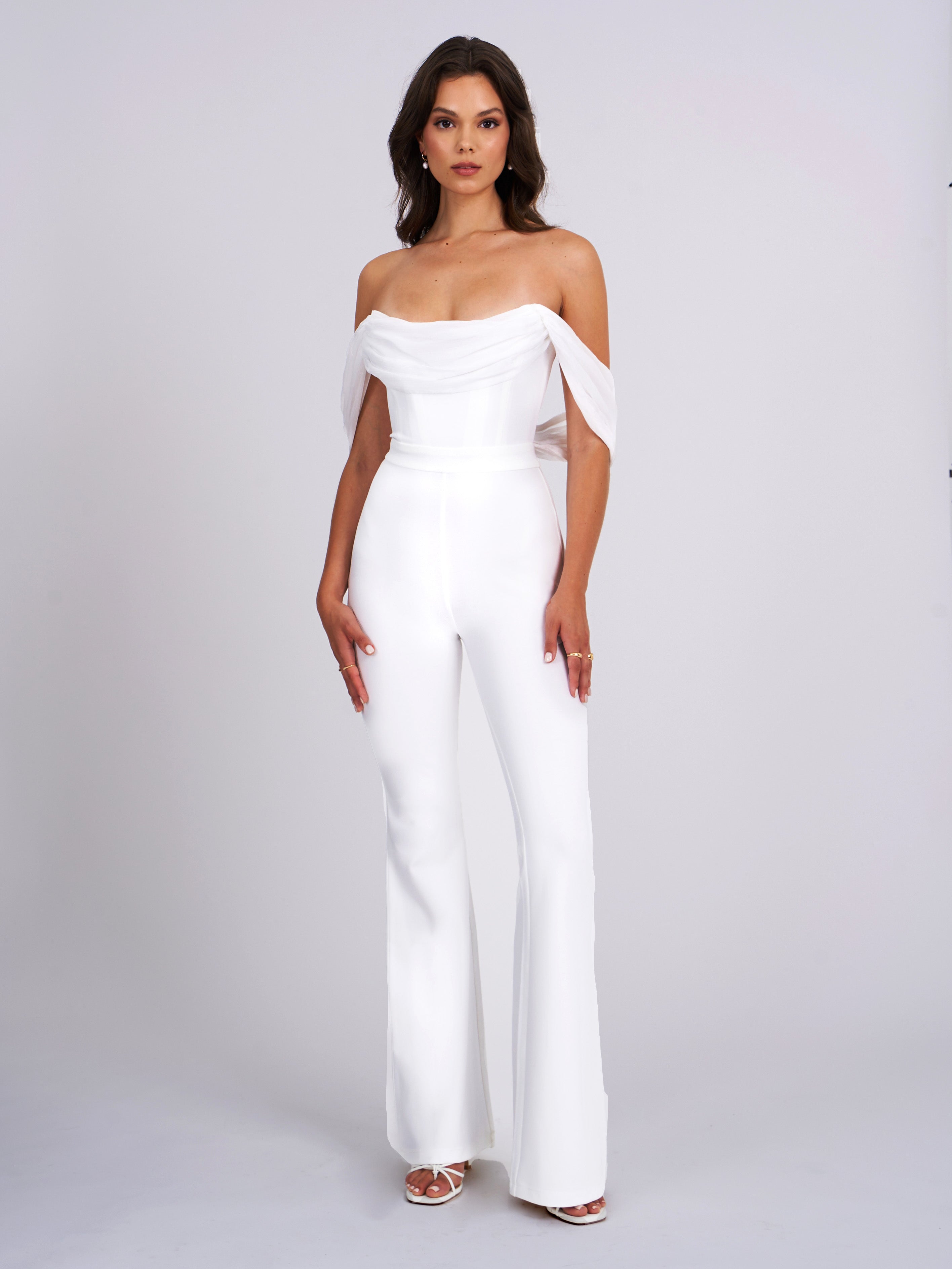 Sherlyn White Off Shoulder Flared Crepe Jumpsuit - XXS / US 0