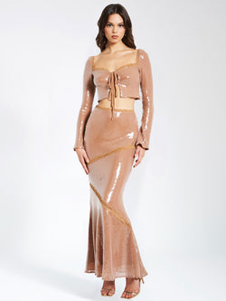 Odalis Nude Sequin Maxi Skirt With Lace Trim