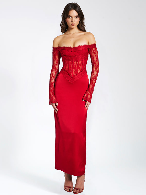 Odette Red Satin Square Neck Corset Bow Detail Maxi Dress – Club L