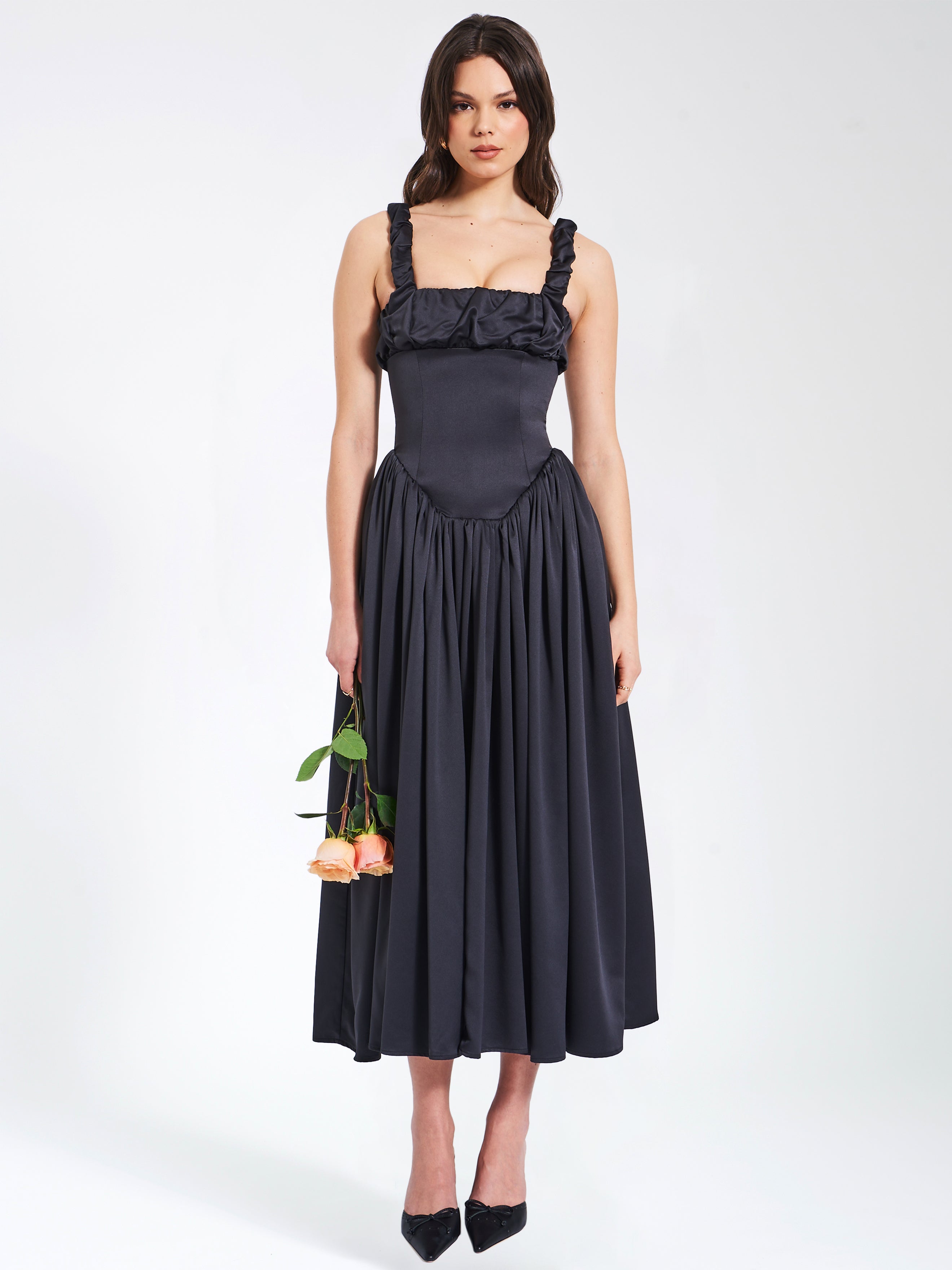 Miss Circle Women Noreen Black Satin Drop Waist Maxi Sundress Miss Circle Women Noreen Black Satin Drop Waist Maxi Sundress