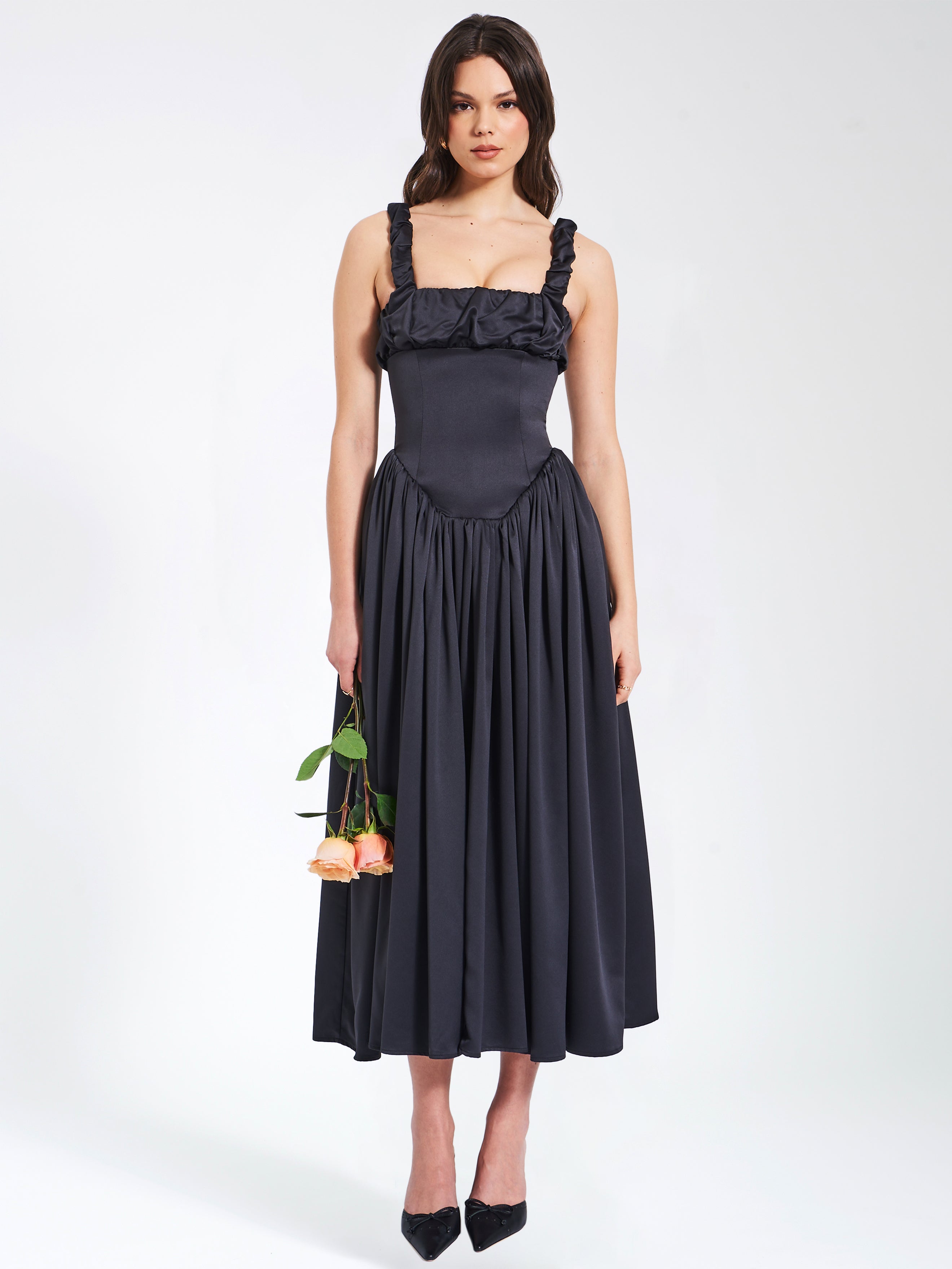 Noreen Black Satin Drop Waist Maxi Sundress