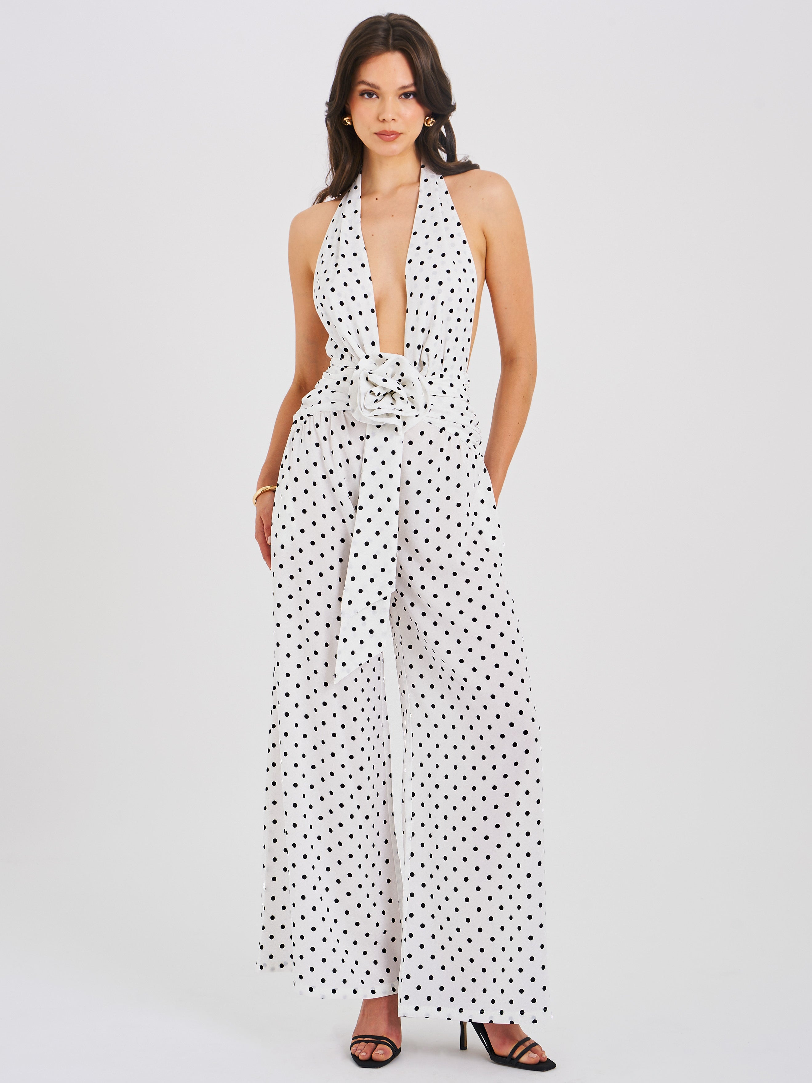 Oriana White Polka Dots Halter Jumpsuit