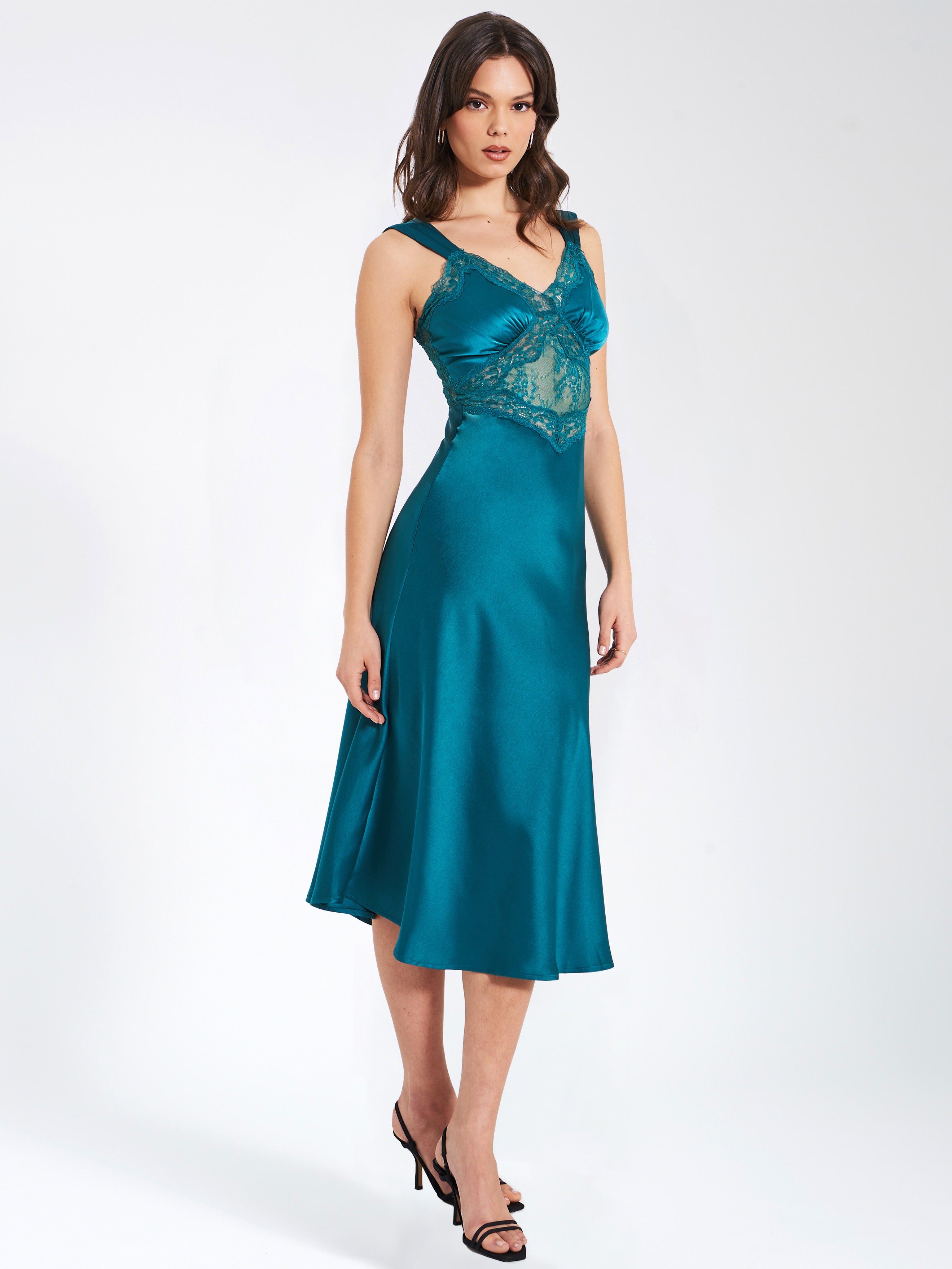 Perley Teal Satin and Lace Midi Dress