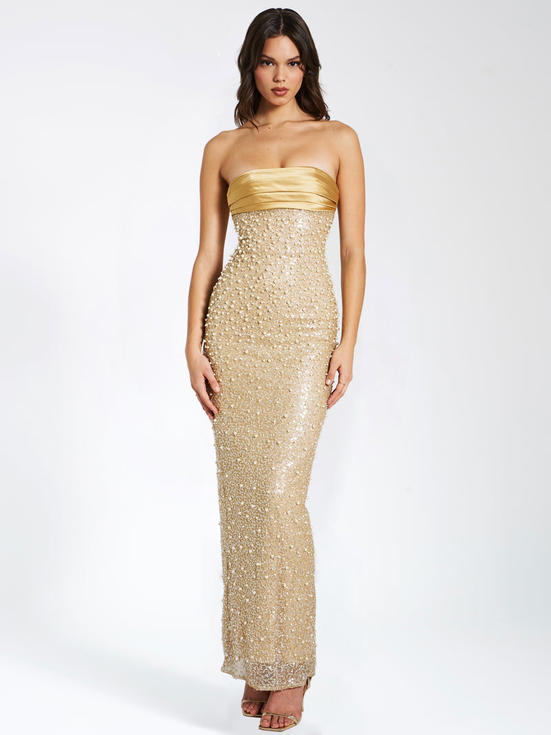 Lainey Gold Satin Sequin Pearls Beaded Maxi Dress