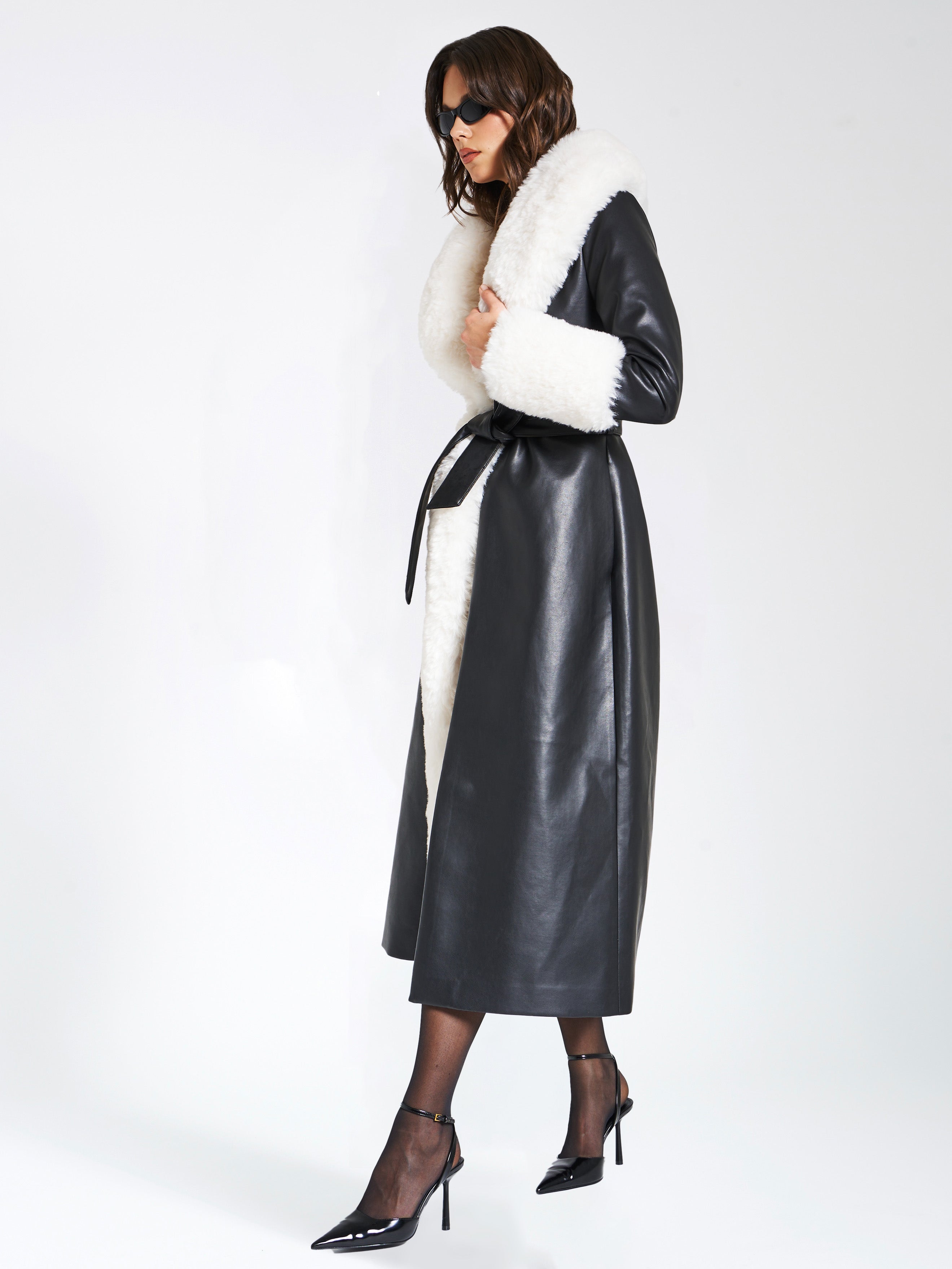 Zaida White Vegan Fur Trim Black Vegan Leather Coat