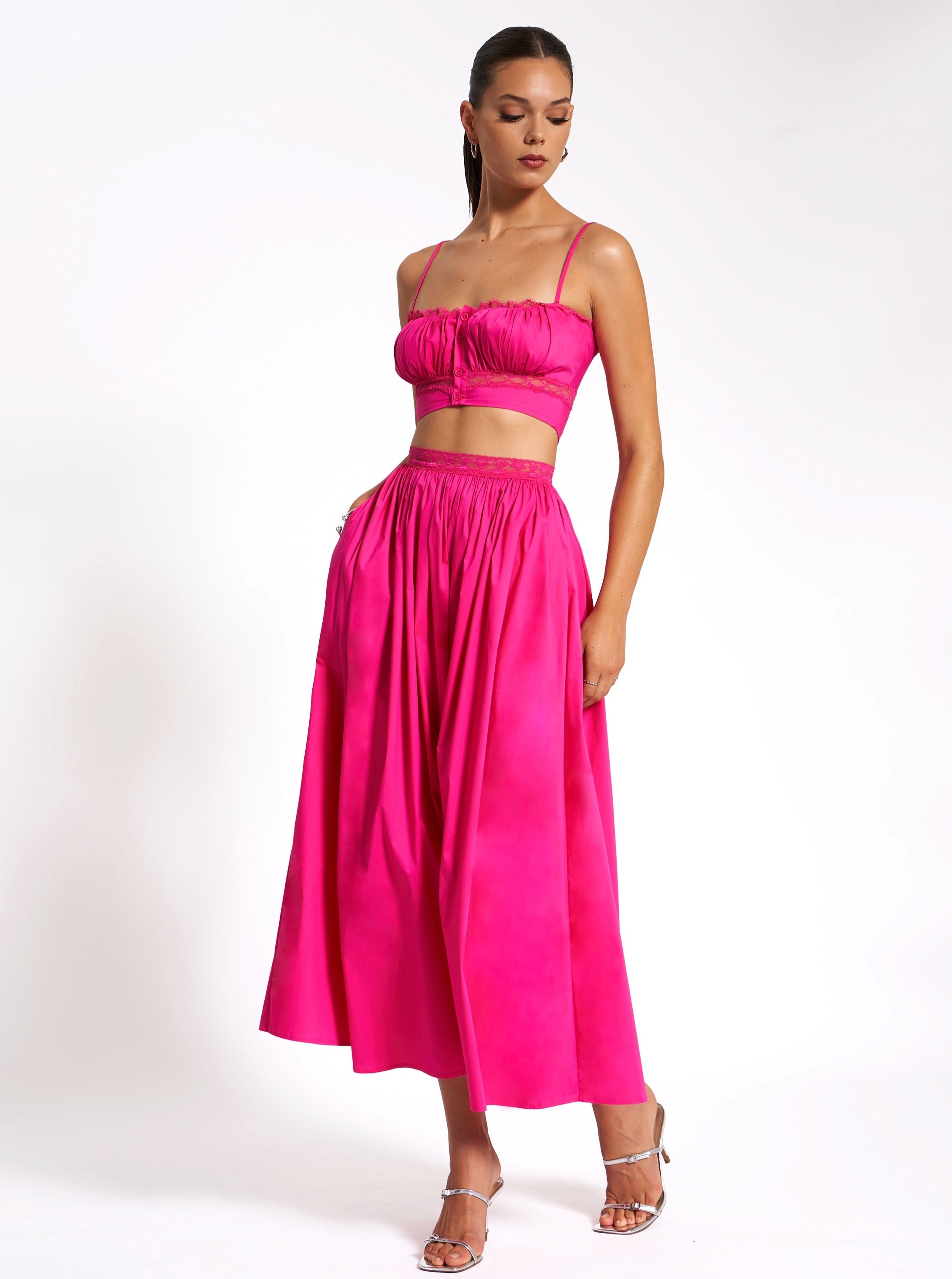 Martha Fuchsia Cotton Poplin Maxi Skirt With Lace Trim