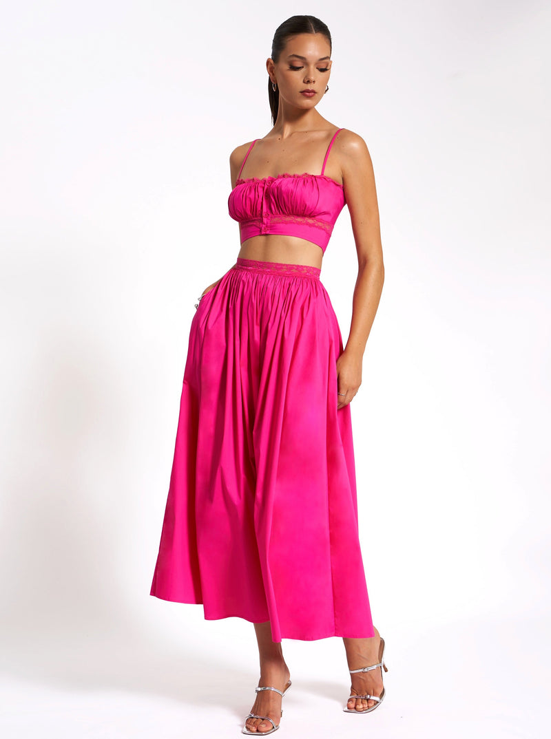 Martha Fuchsia Cotton Poplin Maxi Skirt with Lace Trim