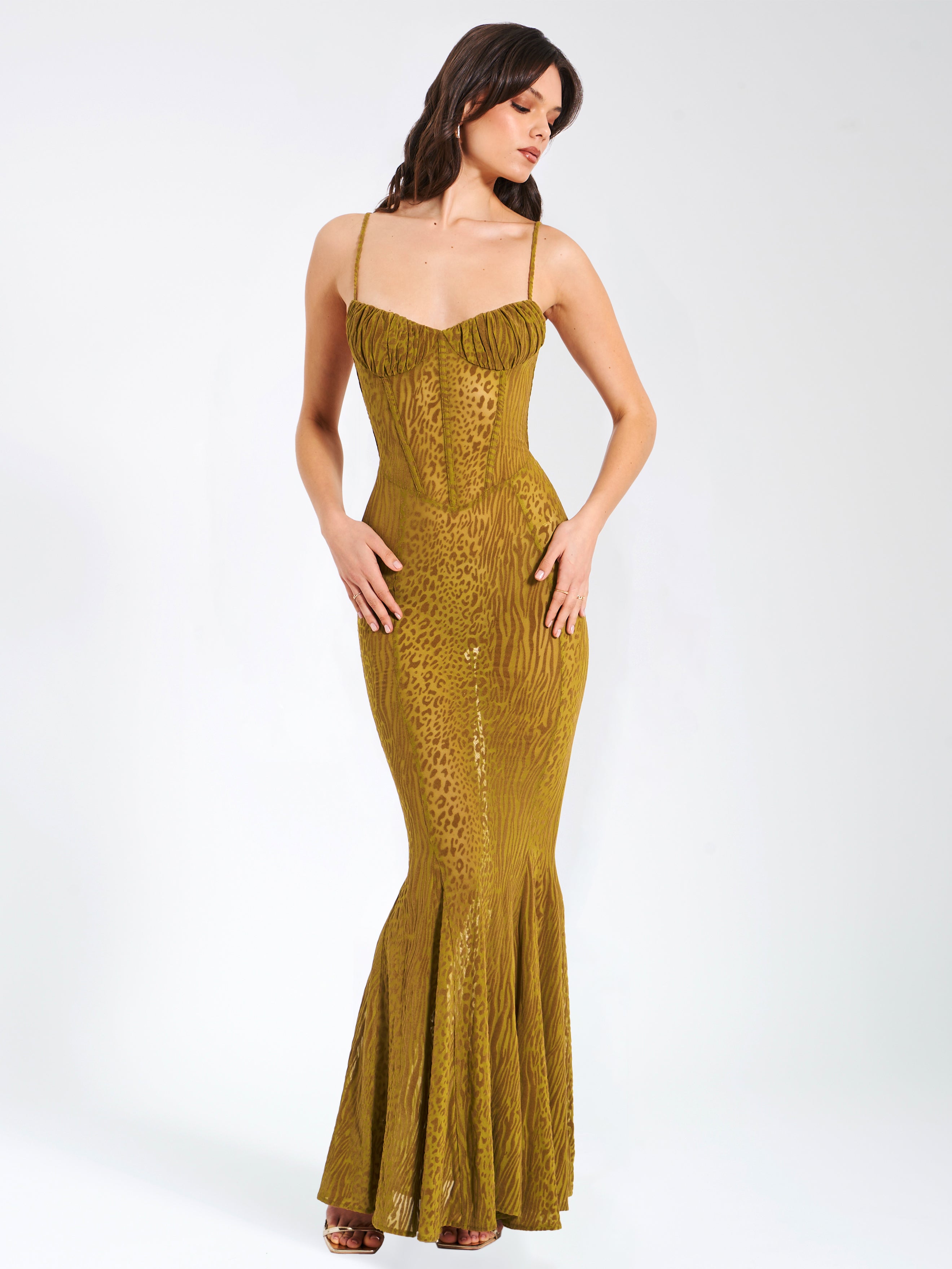 Ulani Gold Burnout Velvet Detail Mesh Maxi Dress - XXS / US 0