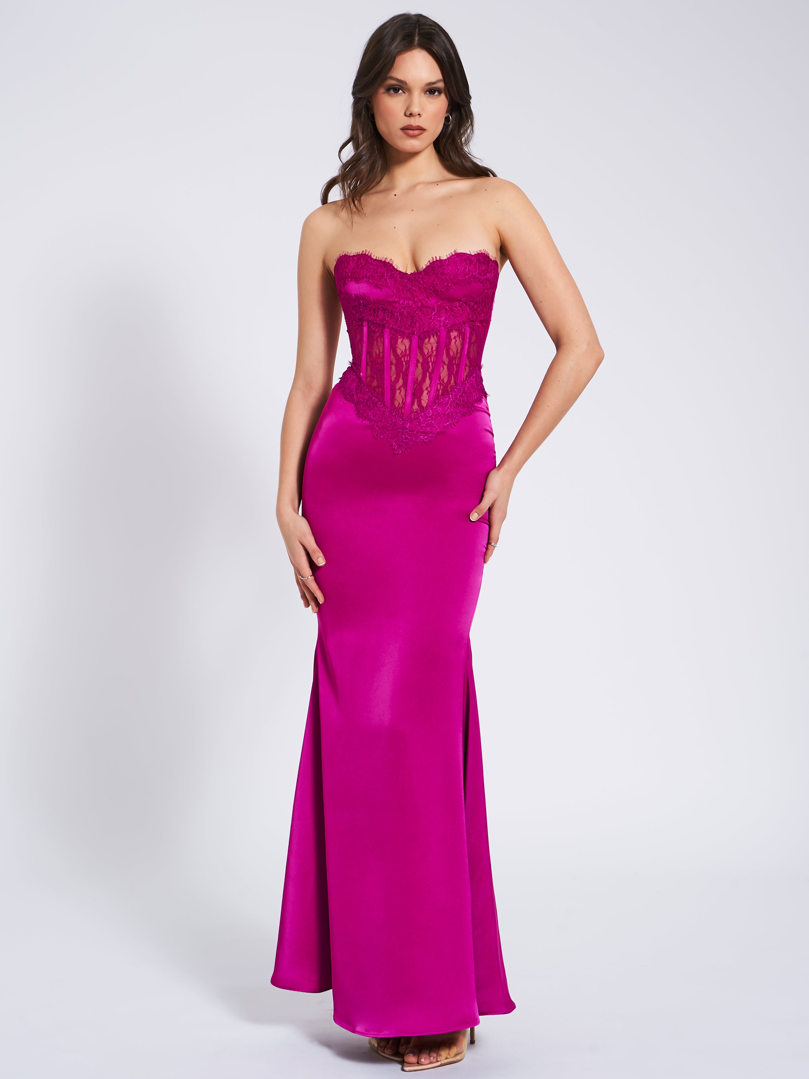 Everleigh Fuchsia Lace Satin Corset Maxi Dress (Archive Sale) Everleigh Fuchsia Lace Satin Corset Maxi Dress (Archive Sale)