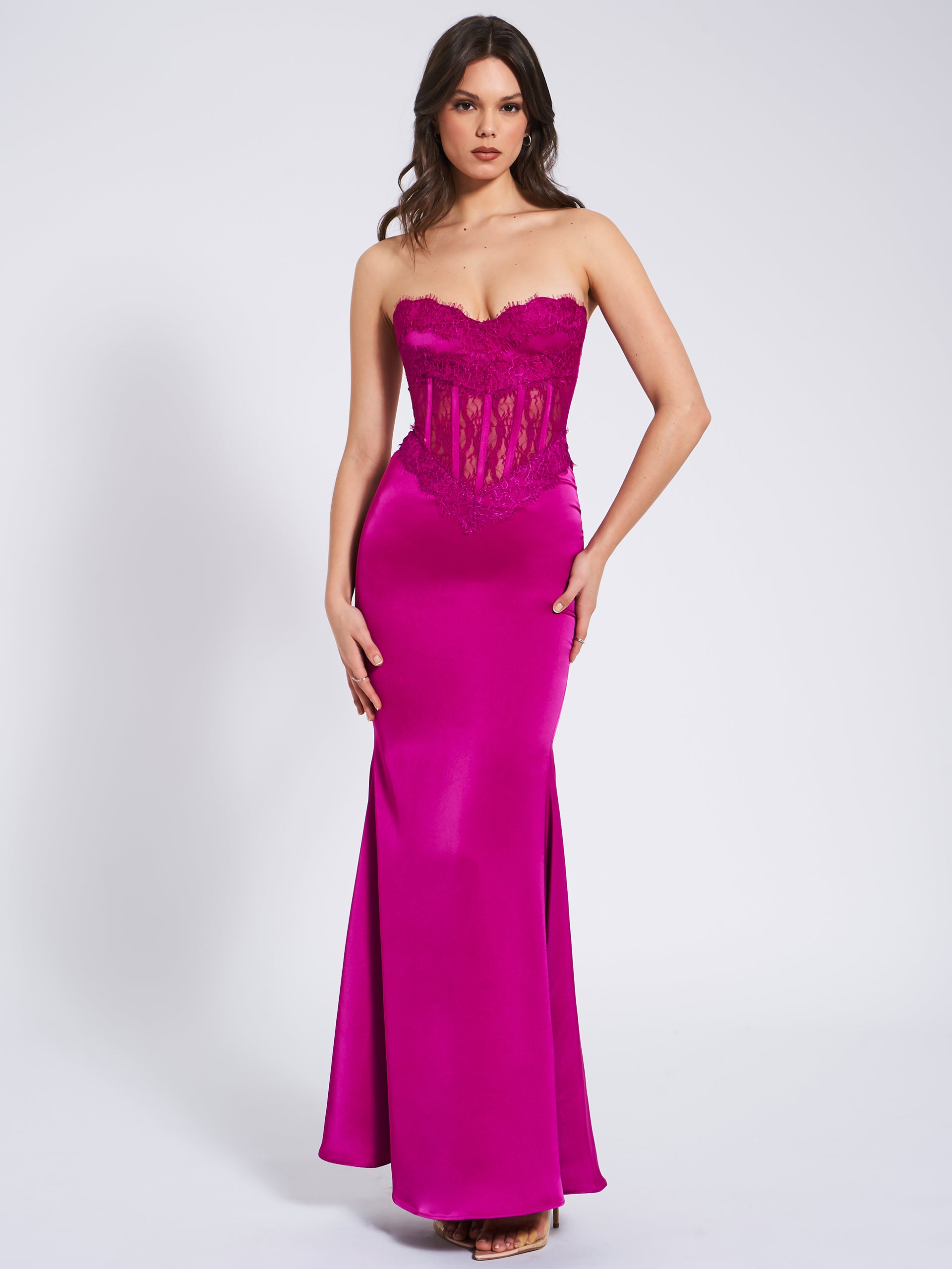 Everleigh Fuchsia Lace Satin Corset Maxi Dress (Archive Sale)
