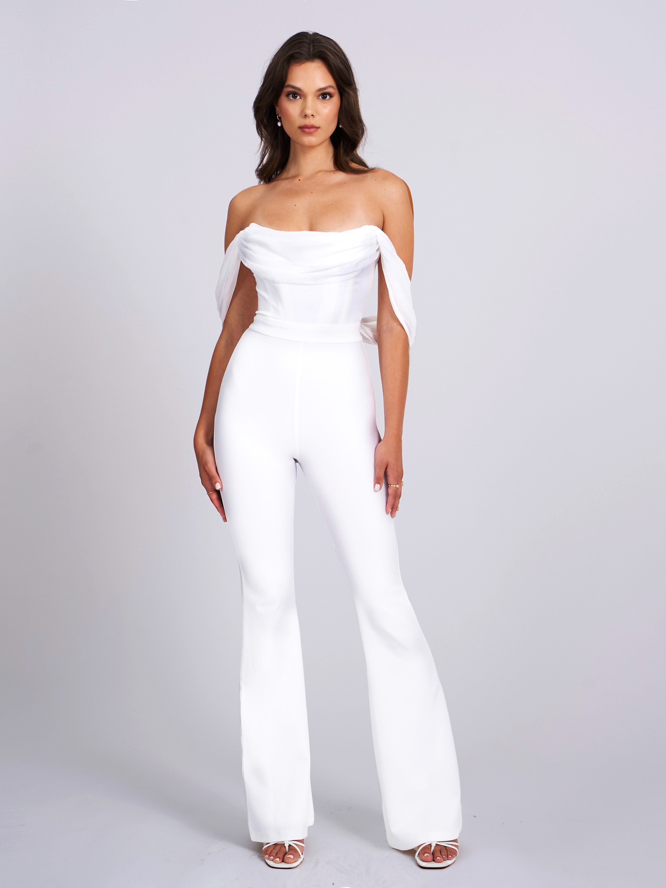 Sherlyn White Off Shoulder Flared Crepe Jumpsuit