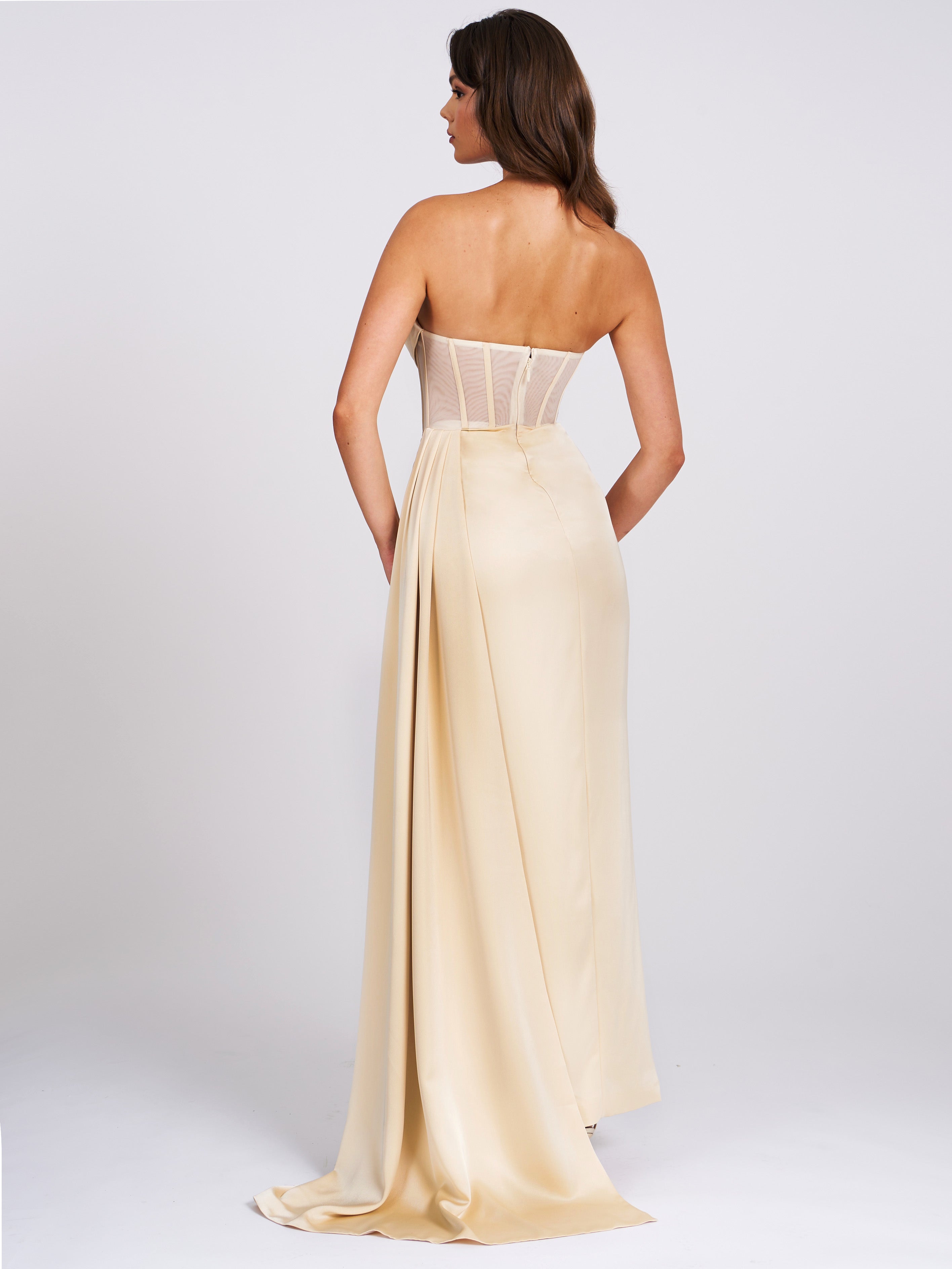 Prisa Egg White High Slit Satin Corset Gown