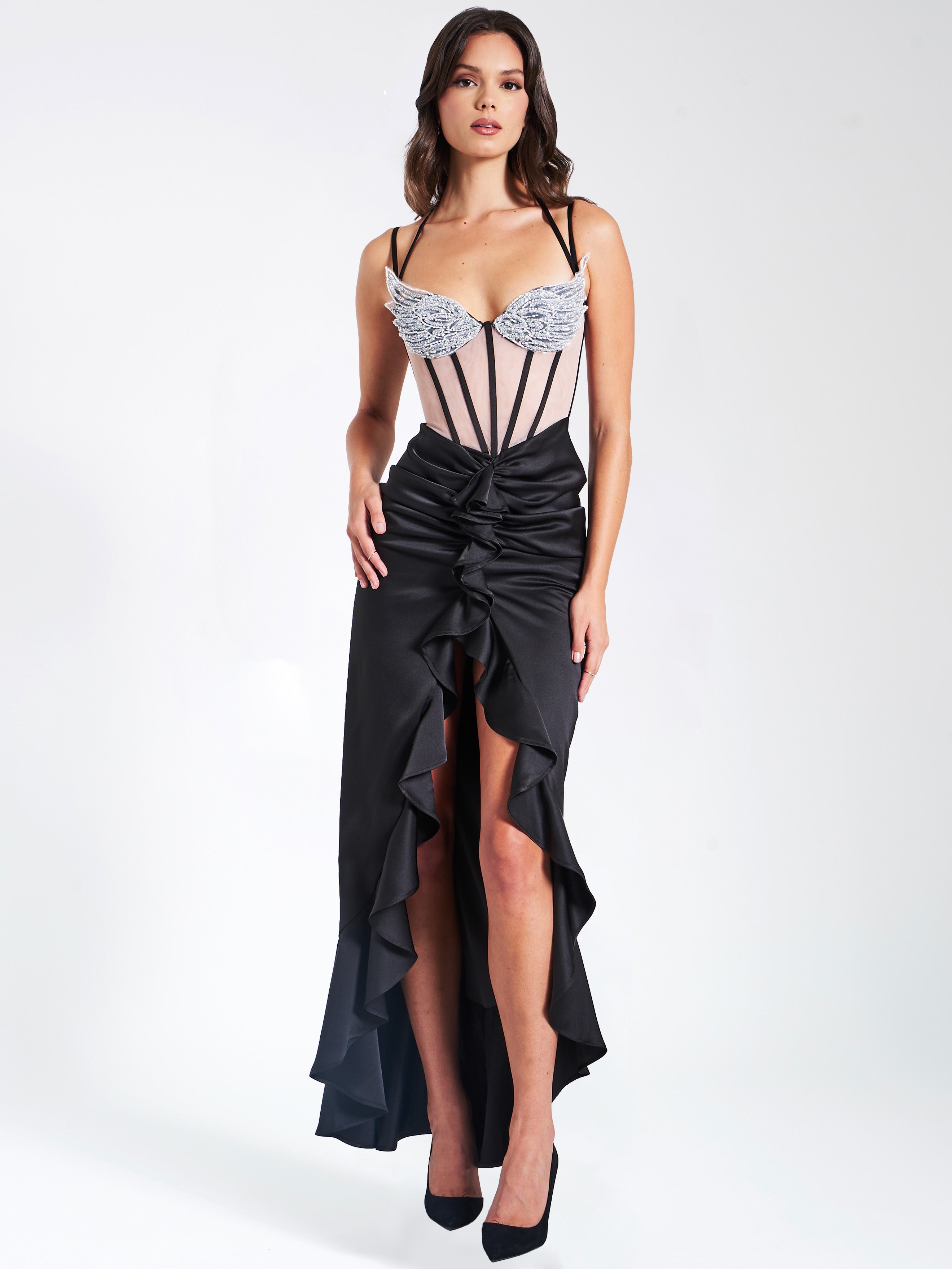 Rafaela Black Satin Corset Sequin Wing Cup Dress (Archive Sale) Rafaela Black Satin Corset Sequin Wing Cup Dress (Archive Sale)