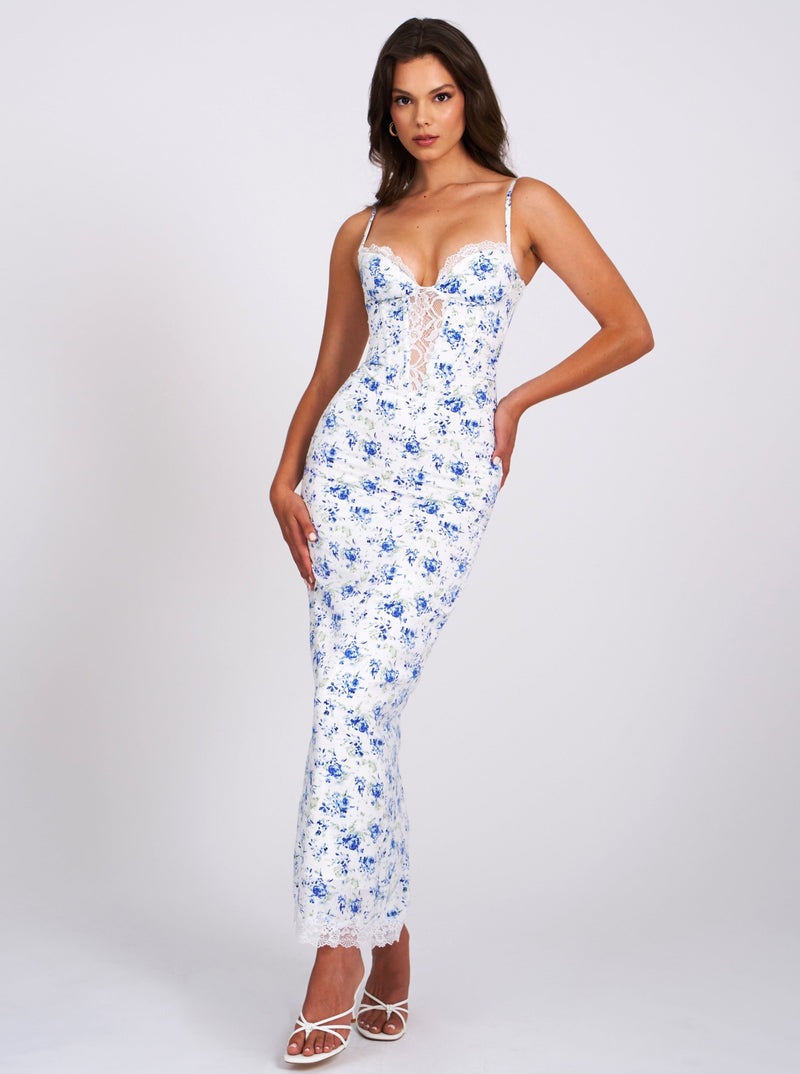 Qwin Blue Floral Print Satin Lace Maxi Dress