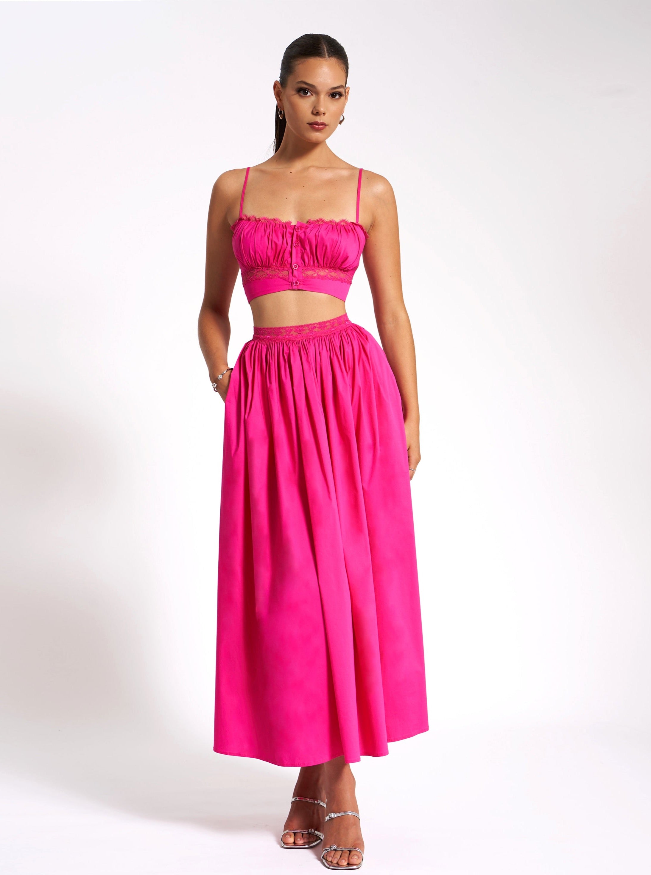 Martha Fuchsia Cotton Poplin Maxi Skirt With Lace Trim