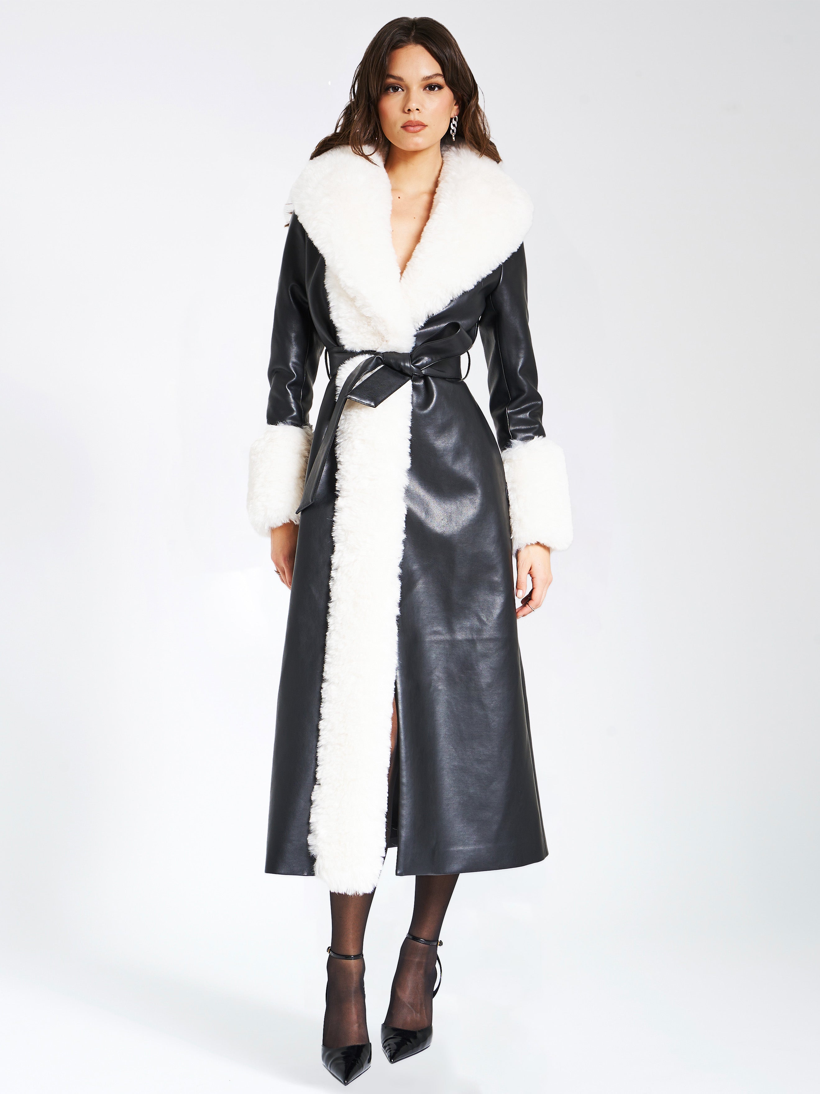 Zaida White Vegan Fur Trim Black Vegan Leather Coat