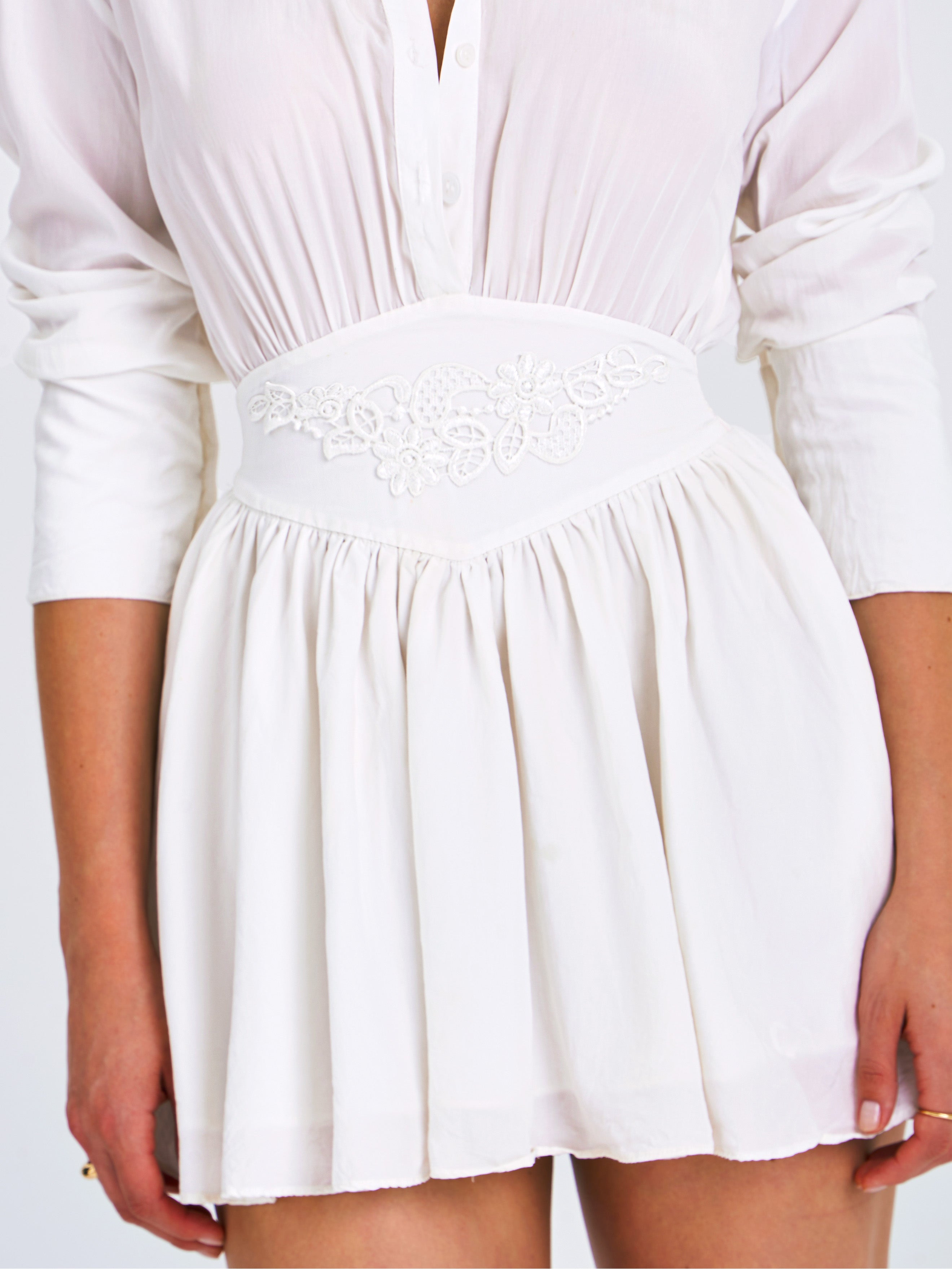 Jamila White Shirt Mini Dress with Embroidered Waist Detail