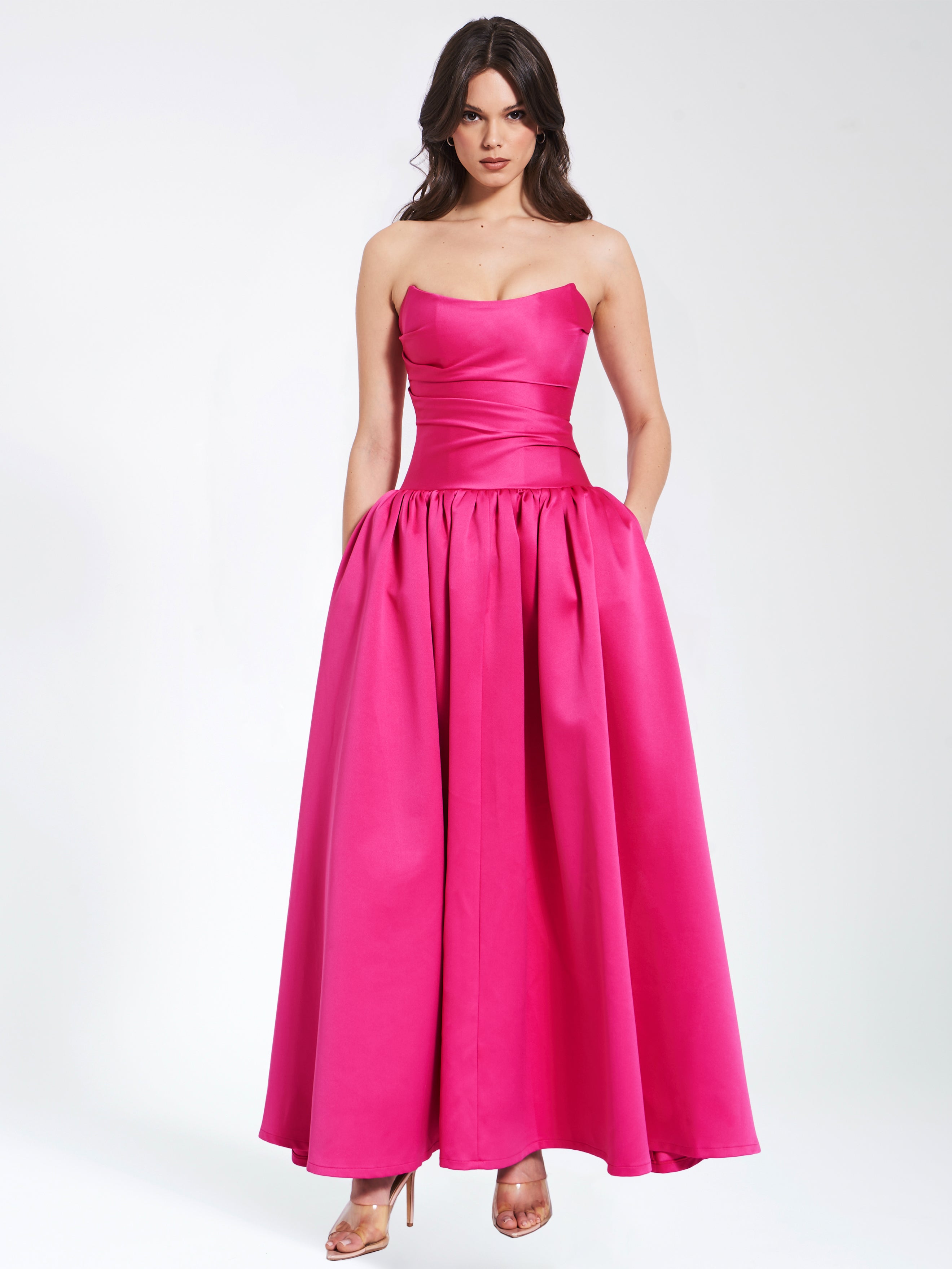 Walterina Fuchsia Satin Strapless Drop Waist Corset Gown